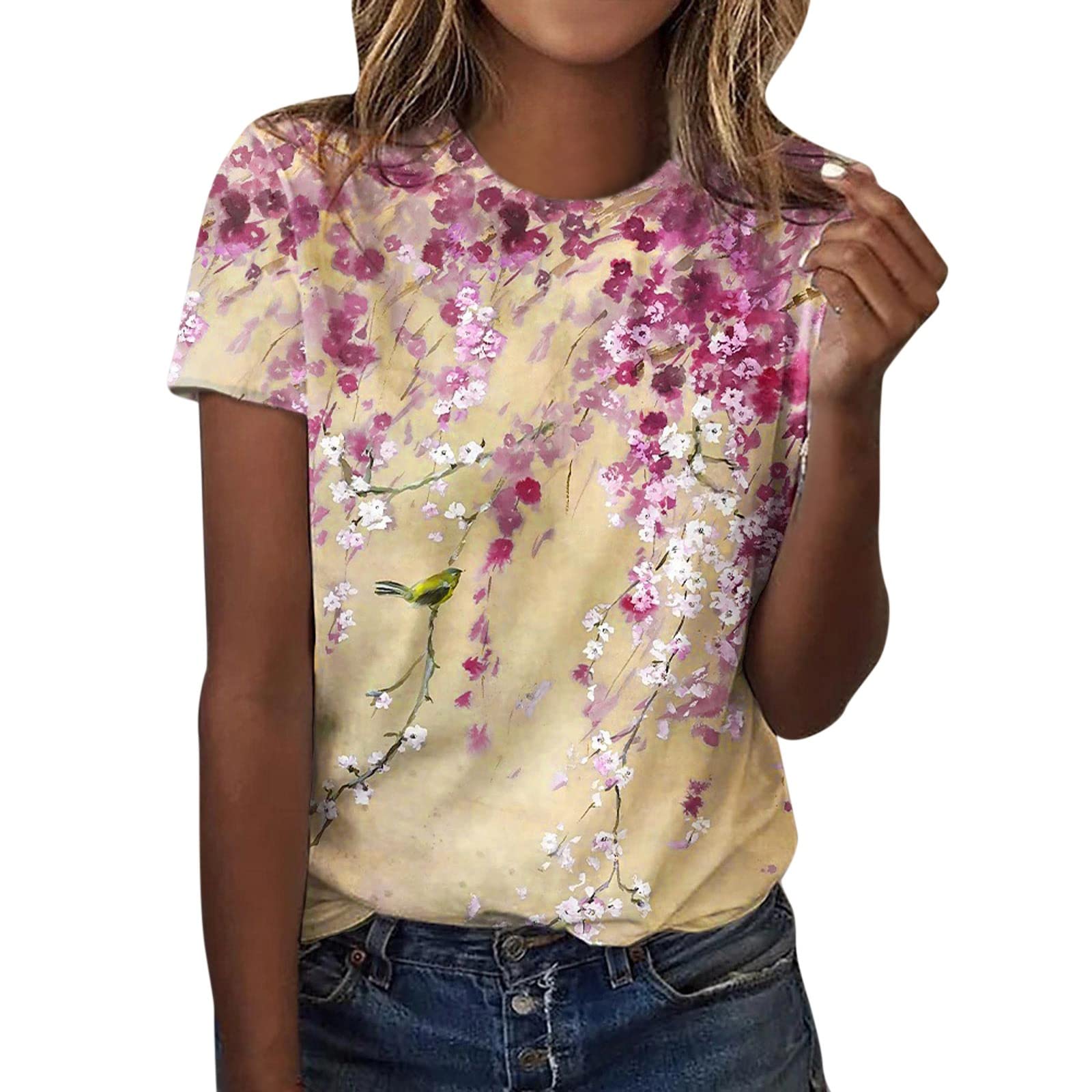 Women's Floral Printed Summer T-Shirt - Short Sleeve Crew Neck Casual Top & Tunic Tee for Beach, Vacation, and Everyday Wear