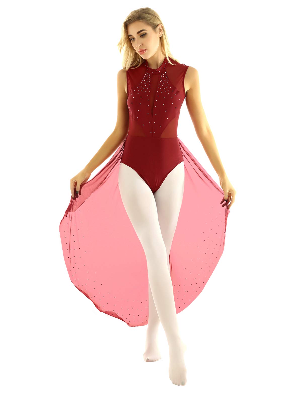 FEESHOW Women's Rhinestone Backless Leotard - Ballet Bodysuit for Gymnastics & Dance Performance - Elegant Dancewear for Adults, Perfect for Ballet Class, Stage Shows & Competition Costumes