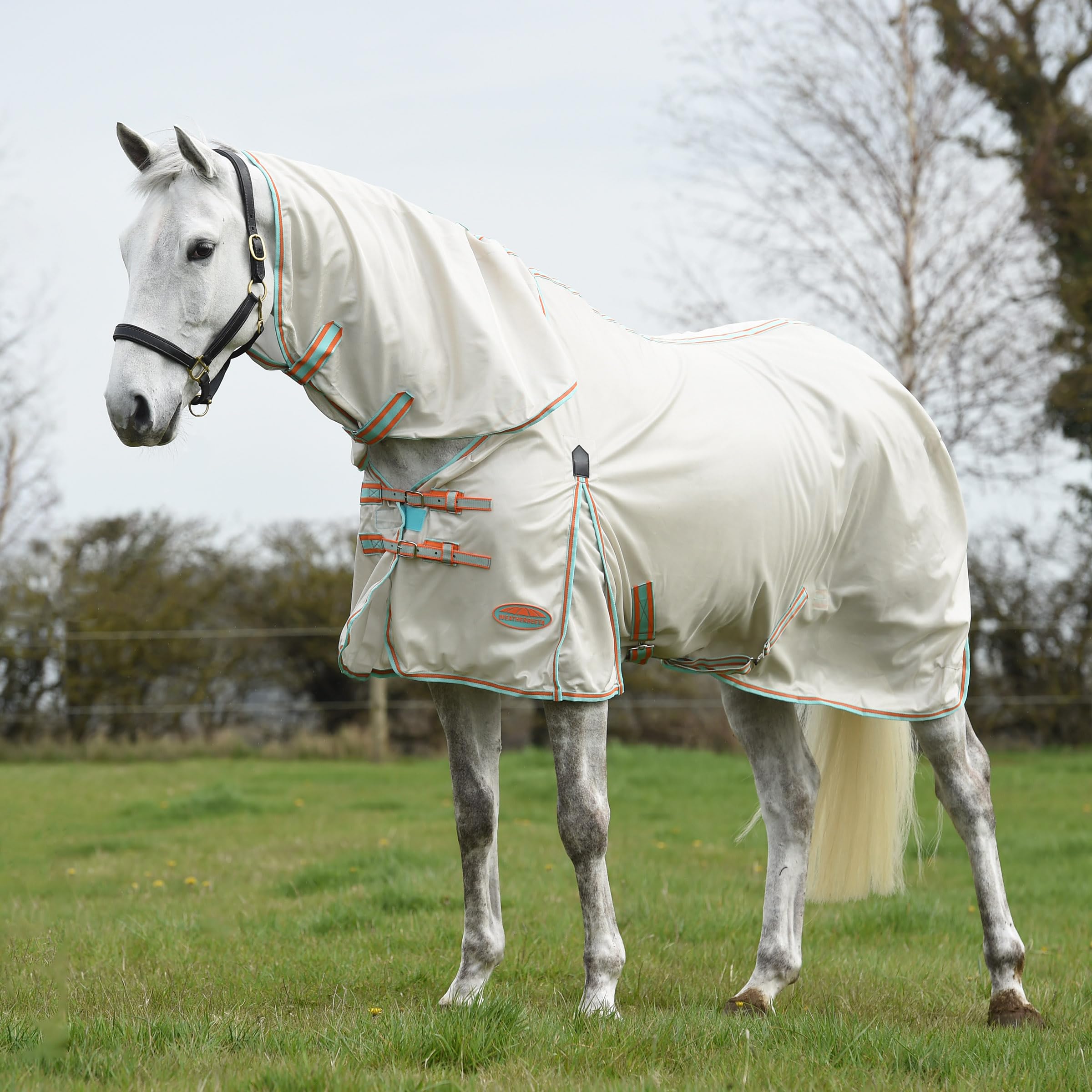WeatherBeeta ComFiTec Essential Mesh II Combo Neck Horse Blanket - Breathable & Lightweight, Beige/Turquoise/Orange, 75 Inches - Perfect for Summer Riding & Turnout Protection