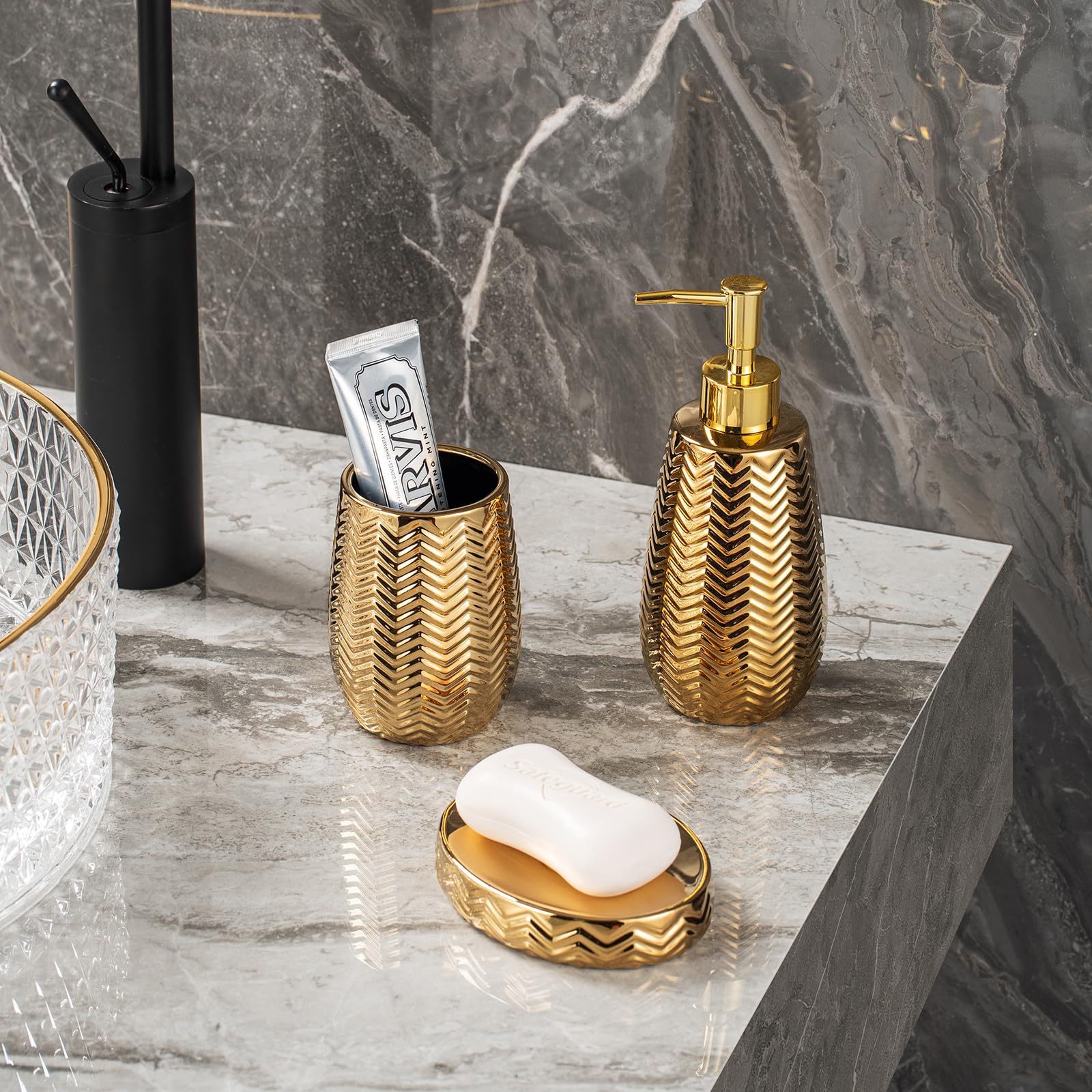 **Luxury Gold Bathroom Accessories Set - 3-Piece Ceramic Soap Dispenser, Tumbler & Soap Dish with Wavy Design - Modern Home Decor for Bathroom Vanity, Spa & Guest Bathroom**