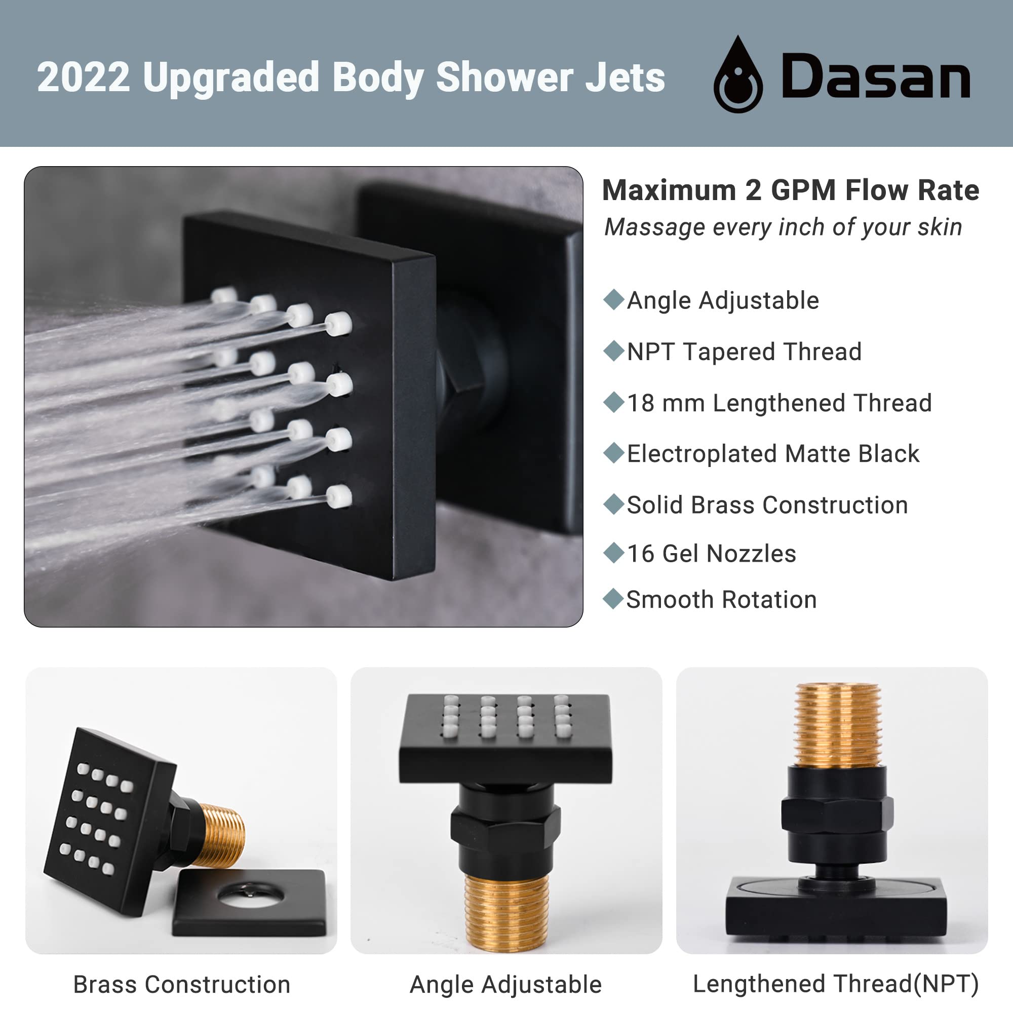 Matte Black Shower System with 4 Body Spray Jets, 12’’ Rainfall Ceiling Shower Head & Handheld Spray - DASAN Full Body Shower Faucet Combo Set (SA-SS03BMB-S12C) for Luxurious Spa-Like Bathroom Experience