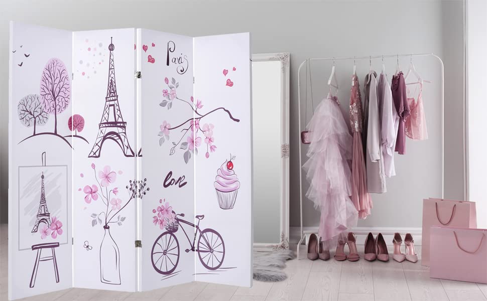 Legacy Decor 4-Panel Room Divider Privacy Screen - Double-Sided Paris Theme Digital Print - 5.9 ft Tall Folding Partition for Home Office, Bedroom & Living Room