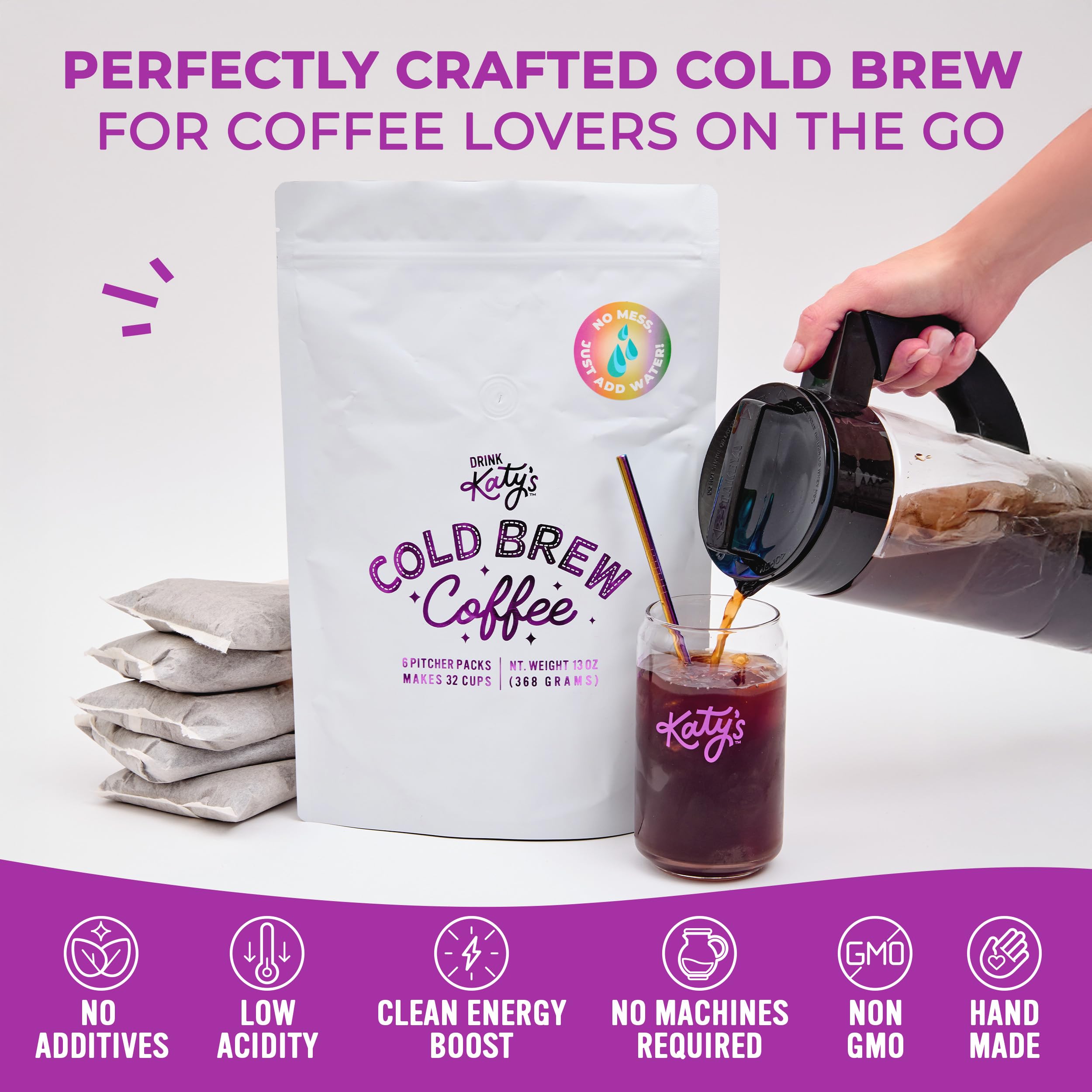 Katy’s Cold Brew Coffee Pitcher Packs – 6 Large Premium Cold Brew Tea Bags with Smooth, Bold Brazilian Coffee Beans | Easy, Mess-Free Brewing for Iced Coffee Lovers | No Straining Needed | 100% Woman-Owned Small Business | Makes 32 Cups | Perfect for Home, Office, Camping & Gifts