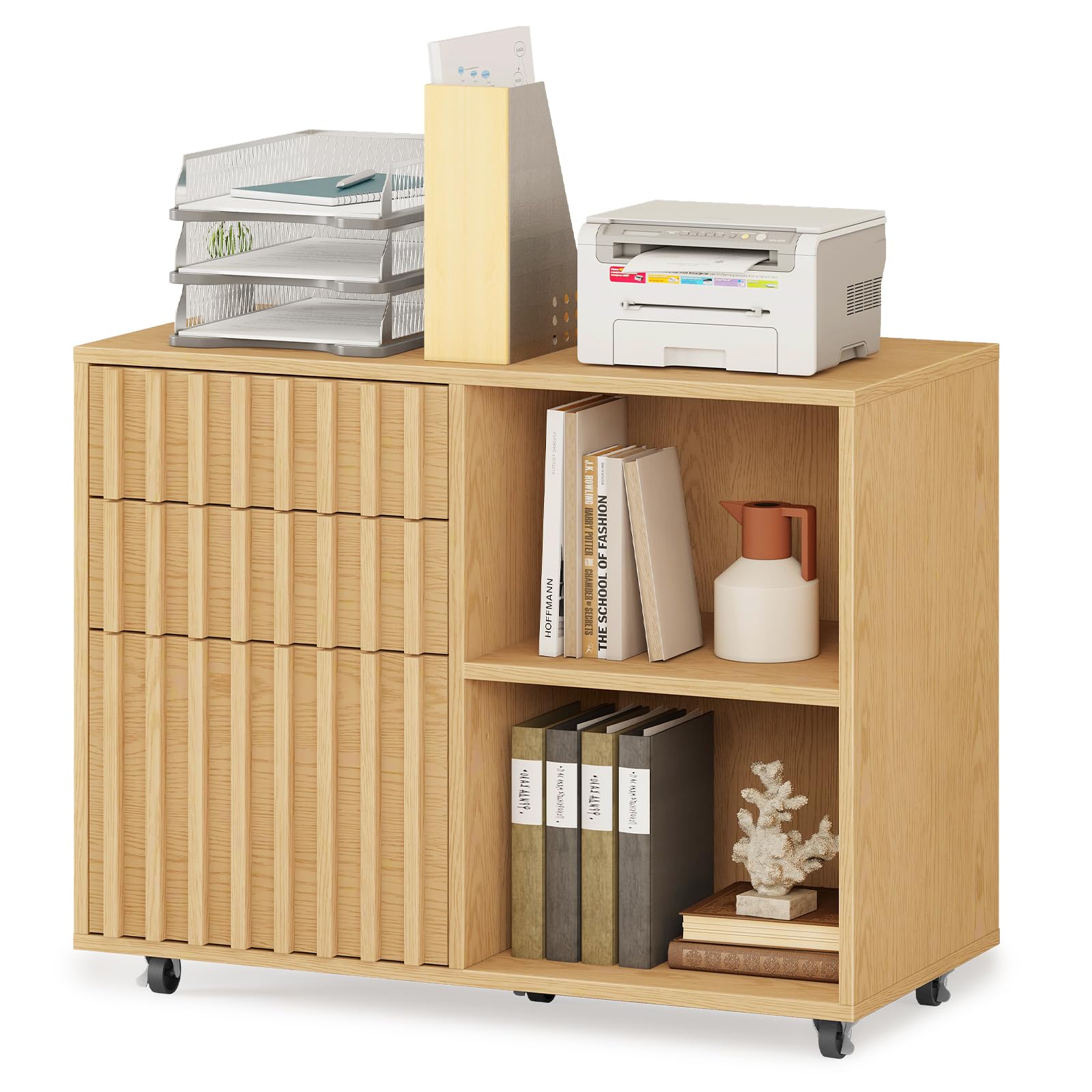 3 Drawer Wooden File Cabinet with Adjustable Shelf - Fluted Lateral Filing Cabinet for Letter & A4 Size Documents - Natural Oak Home Office Storage Solution - Perfect for Organizing Files, Printer Stand & Office Supplies in Workspaces