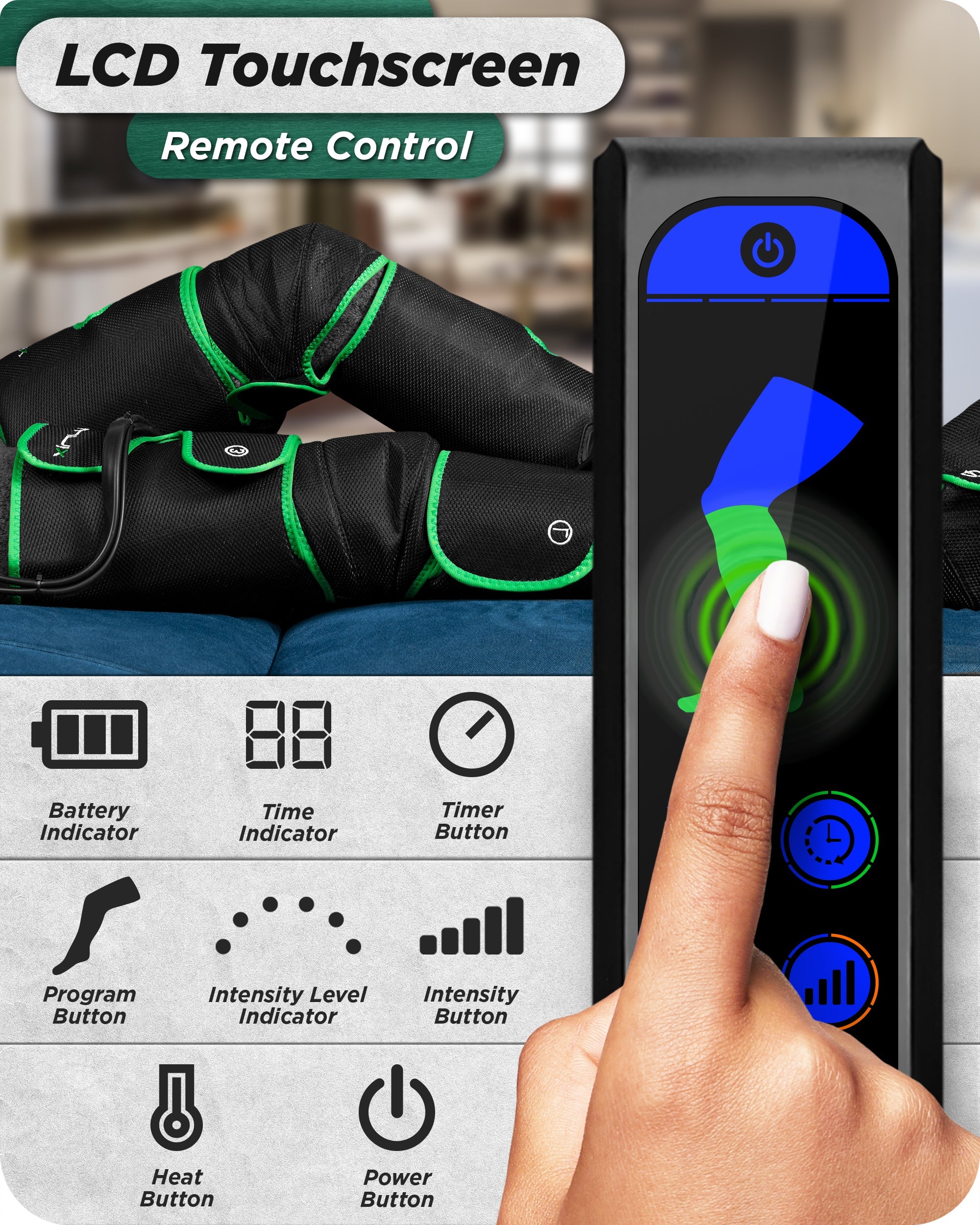 Upgraded LX10 Full Leg Compression Massager with Hot/Cold Pack - Green - Relieve Muscle Pain & Improve Circulation for Athletes & Recovery