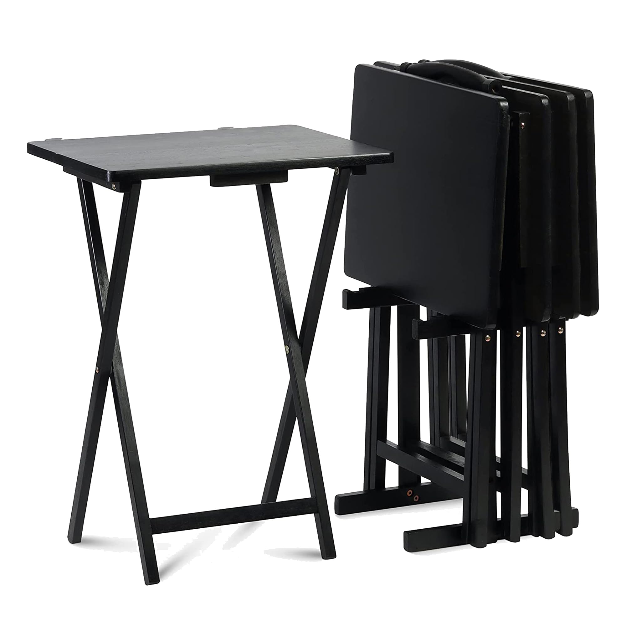 Solid Wood Folding TV Tray Table with Storage Rack - Portable Rectangle Snack Serving Tray for Sofa, Bed, Living Room - Black (Set of 7) - Perfect for Movie Nights, Breakfast in Bed & Home Entertainment
