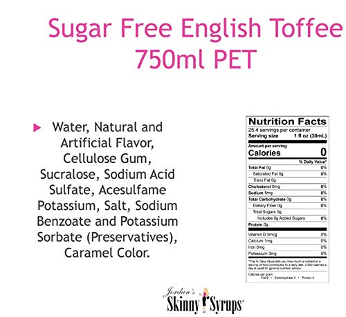 Sugar Free Jordans Skinny Traditional Syrups - 2 Bottles (750ml Each) Butter Toffee Flavor | Perfect for Coffee, Desserts & Cocktails | Low Calorie Sweetener for Healthy Lifestyle
