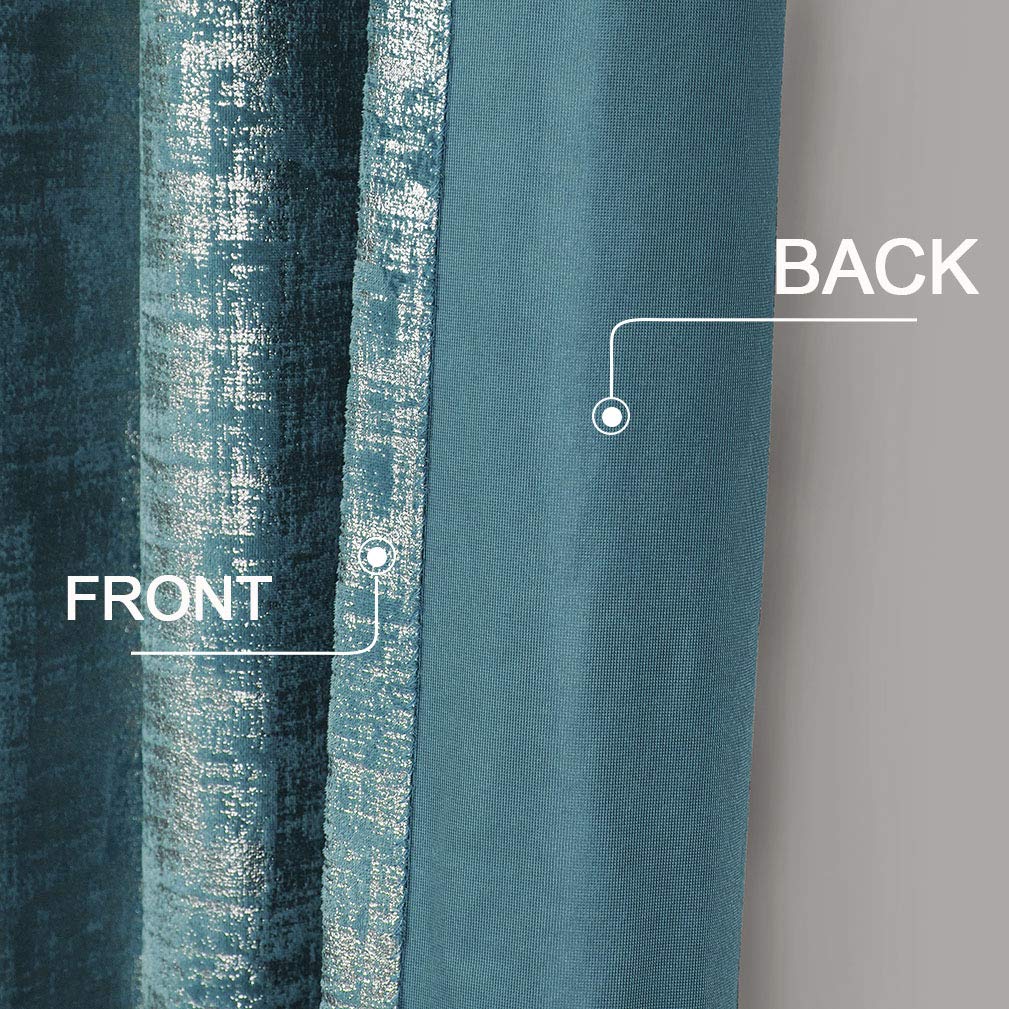 Always4U Soft Velvet 95-Inch Luxury Curtains - Silver Foil Print Blackout Drapes for Bedroom & Living Room (Set of 2, Teal) | Elegant Window Treatments for Home Decor & Light Control