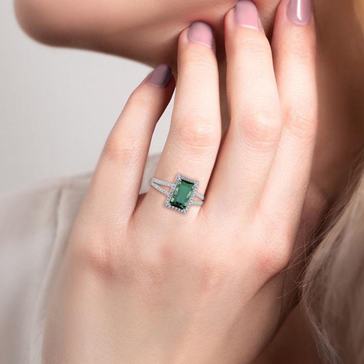 18K White Gold Green Tourmaline Pave Diamond Handmade Long Ring - Elegant Statement Jewelry for Weddings, Parties & Special Occasions