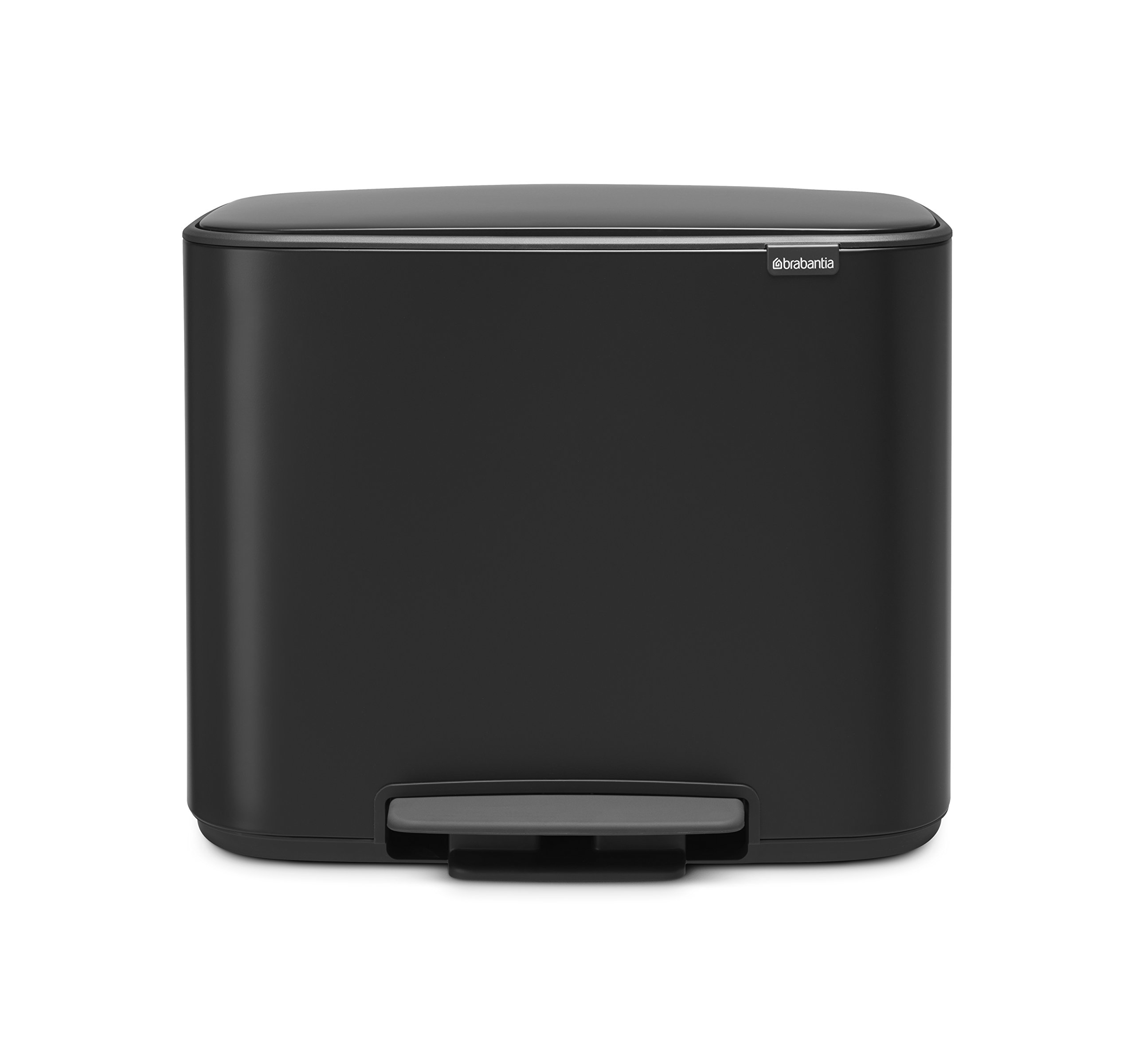 Brabantia Bo Step-On Pedal Trash Can - 9.5 Gallon Stainless Steel Inner Bucket, Matt Black Waste & Recycling Bin with Removable Compartment & Free Bags - Perfect for Kitchen, Office & Bathroom Organization
