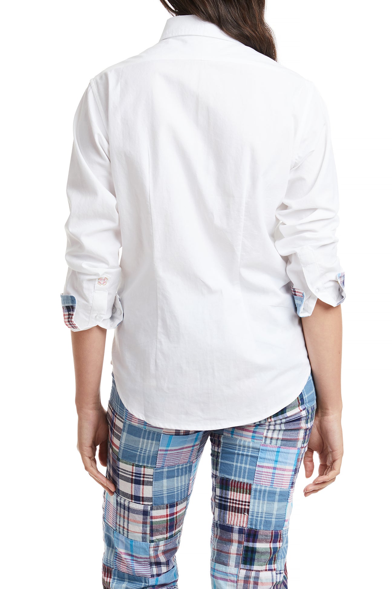 Women's White Oxford Button Down Long Sleeve Shirt with Seapoint Patch & Madras Trim - Perfect for Office, Casual Wear & Spring Fashion