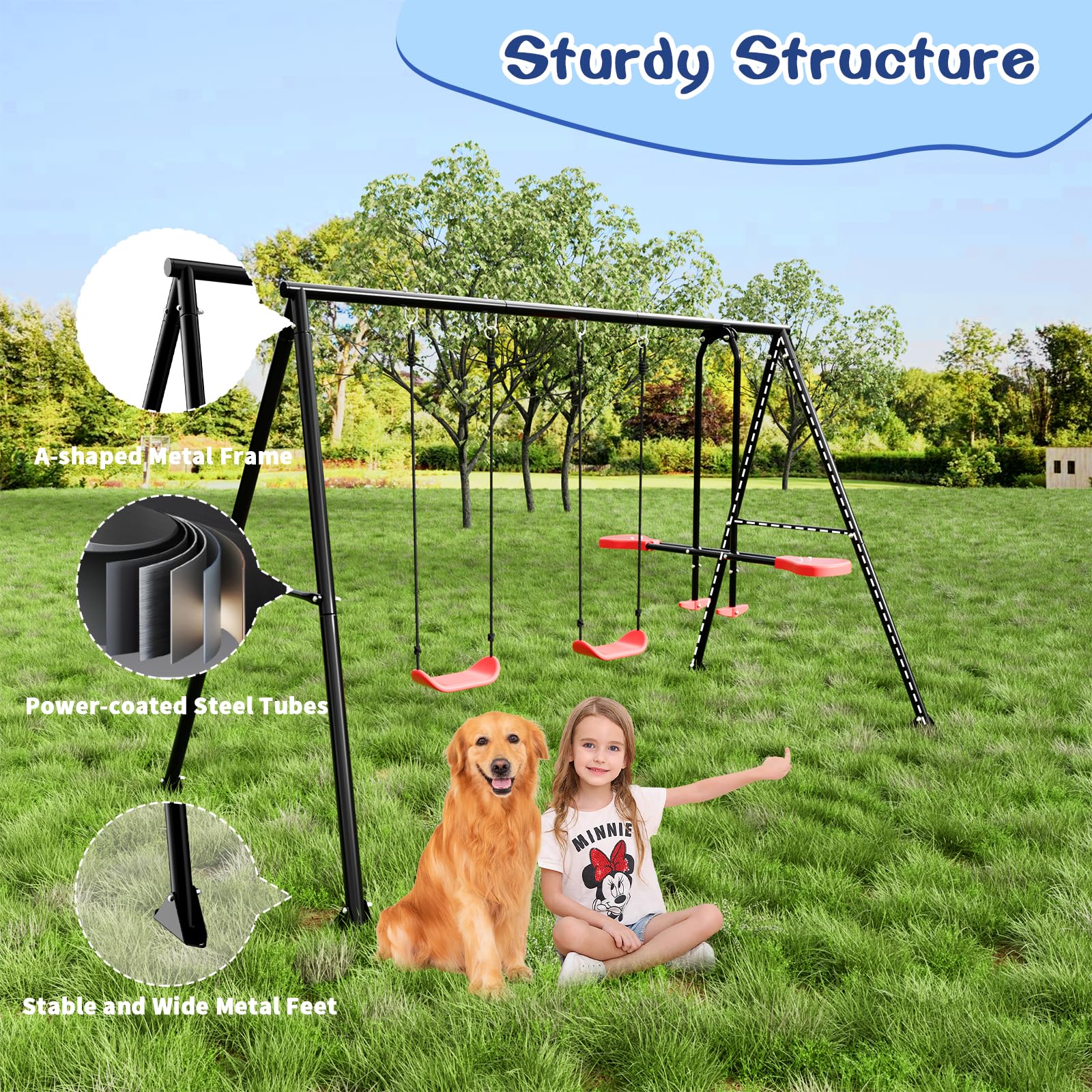 Heavy Duty Outdoor Swing Set for Kids - 500lbs Capacity A-Frame Metal Stand with 2 Seats & Glider | Backyard Playground Equipment for Outdoor Fun & Family Bonding
