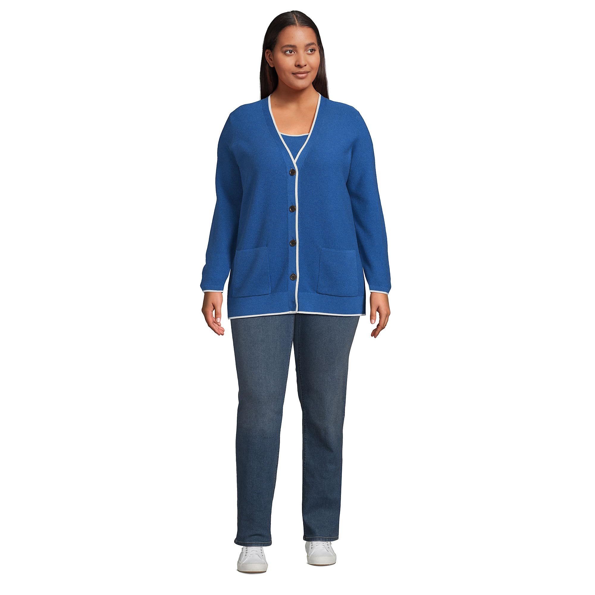 Lands' End Women's Fine Gauge Cotton Cardigan and Tank Sweater Set - Soft Knit Layering Outfit for Work, Casual & Fall Wardrobe