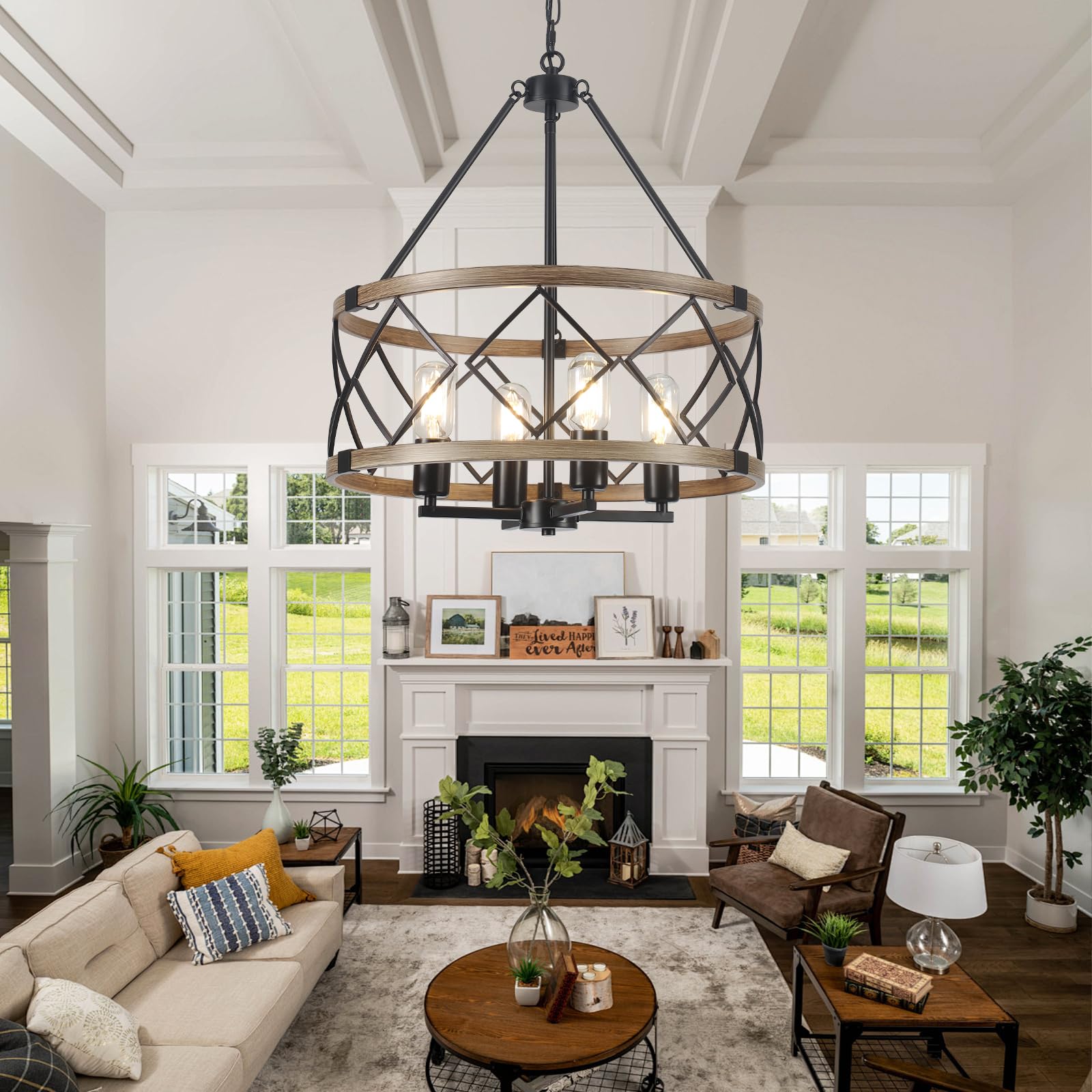 Farmhouse Chandelier 4-Light Rustic Wood Grain Pendant Light - Modern Industrial Dining Room Chandelier for Kitchen Island, Entryway, Foyer & Hallway | E26 Base Metal Fixture | Perfect for Country Homes, Restaurants & Cabin Decor