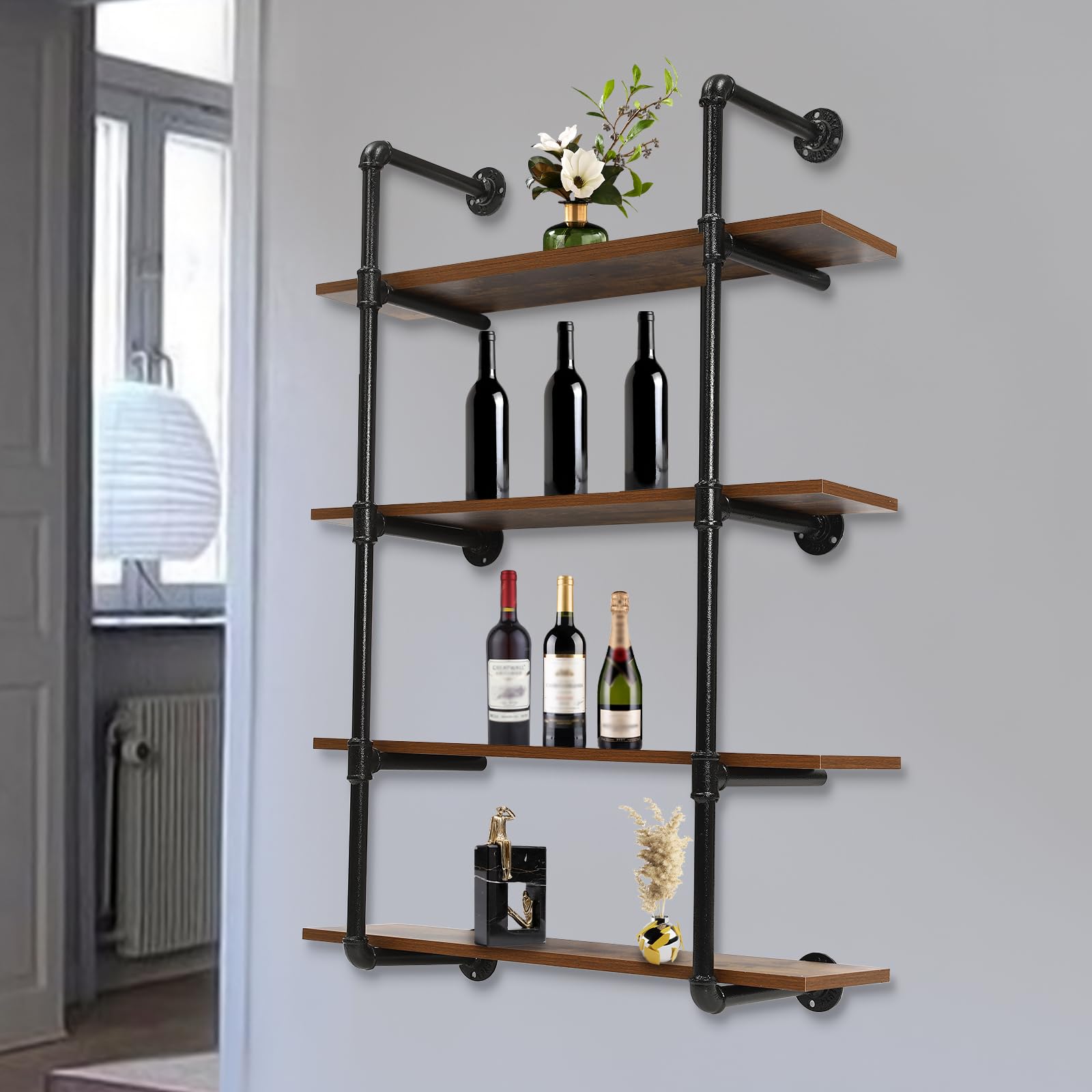 4-Tier 30-Inch Industrial Pipe Floating Shelves - Rustic Metal Wall Mounted Bookshelf for Living Room, Bedroom, Kitchen & Bathroom - Heavy Duty Storage Shelf Unit for Home, Office, Supermarket & Retail Stores