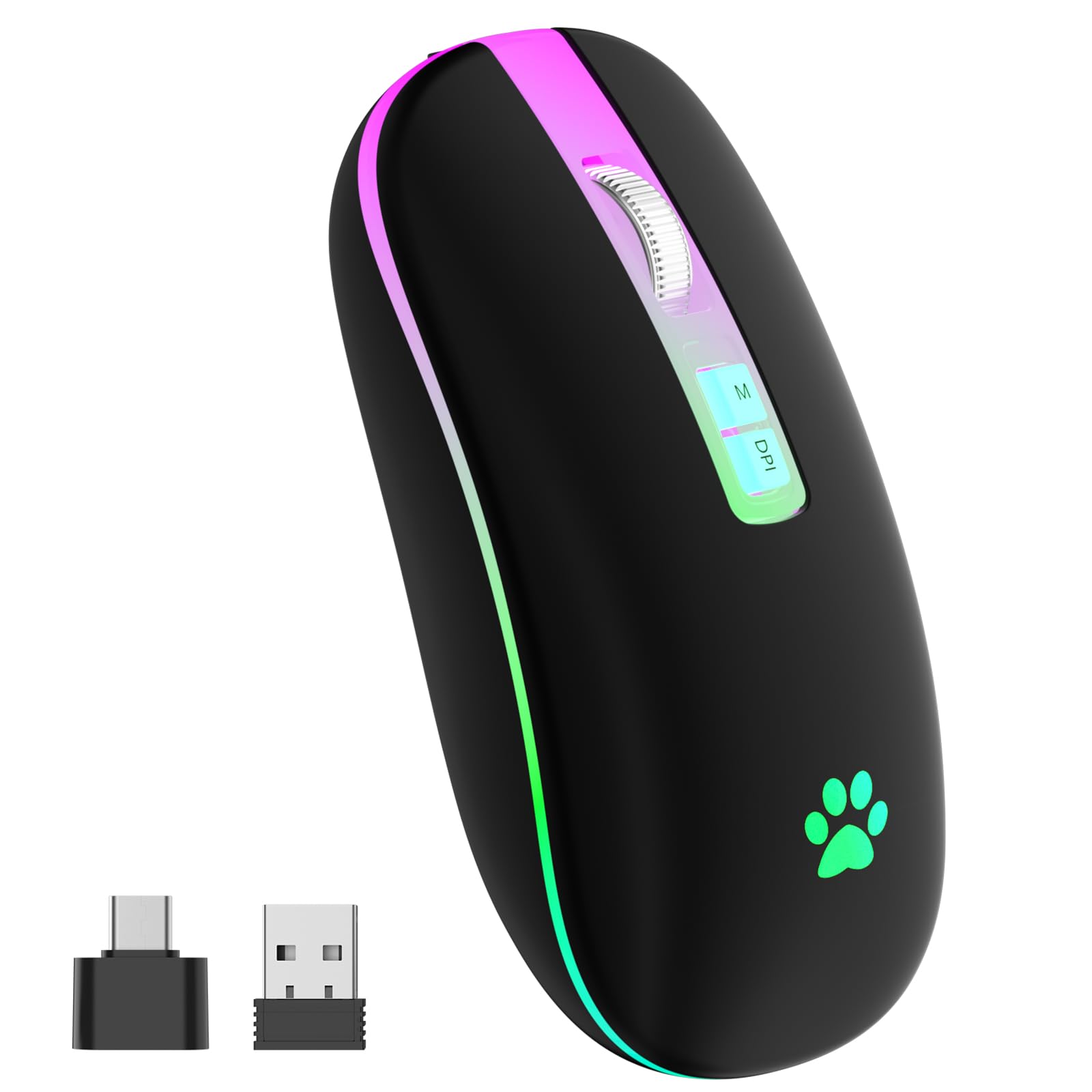 KARFUN Wireless Mouse - Slim Rechargeable 2.4G LED Backlit Mouse for Laptop, PC, MacBook, iPad, Chromebook, Notebook | Perfect for Office, Home, and Travel Use (Black with Transparent Nose)