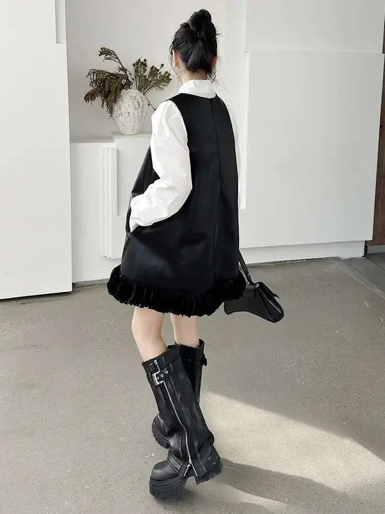 Black Leather Mesh Dress Shirt & Suit Set for Women - Fashionable Two-Piece Lapel Long Sleeve Outfit for Spring & Fall 2025 (Style 1DH9256) | Perfect for Office Wear, Evening Events & Special Occasions