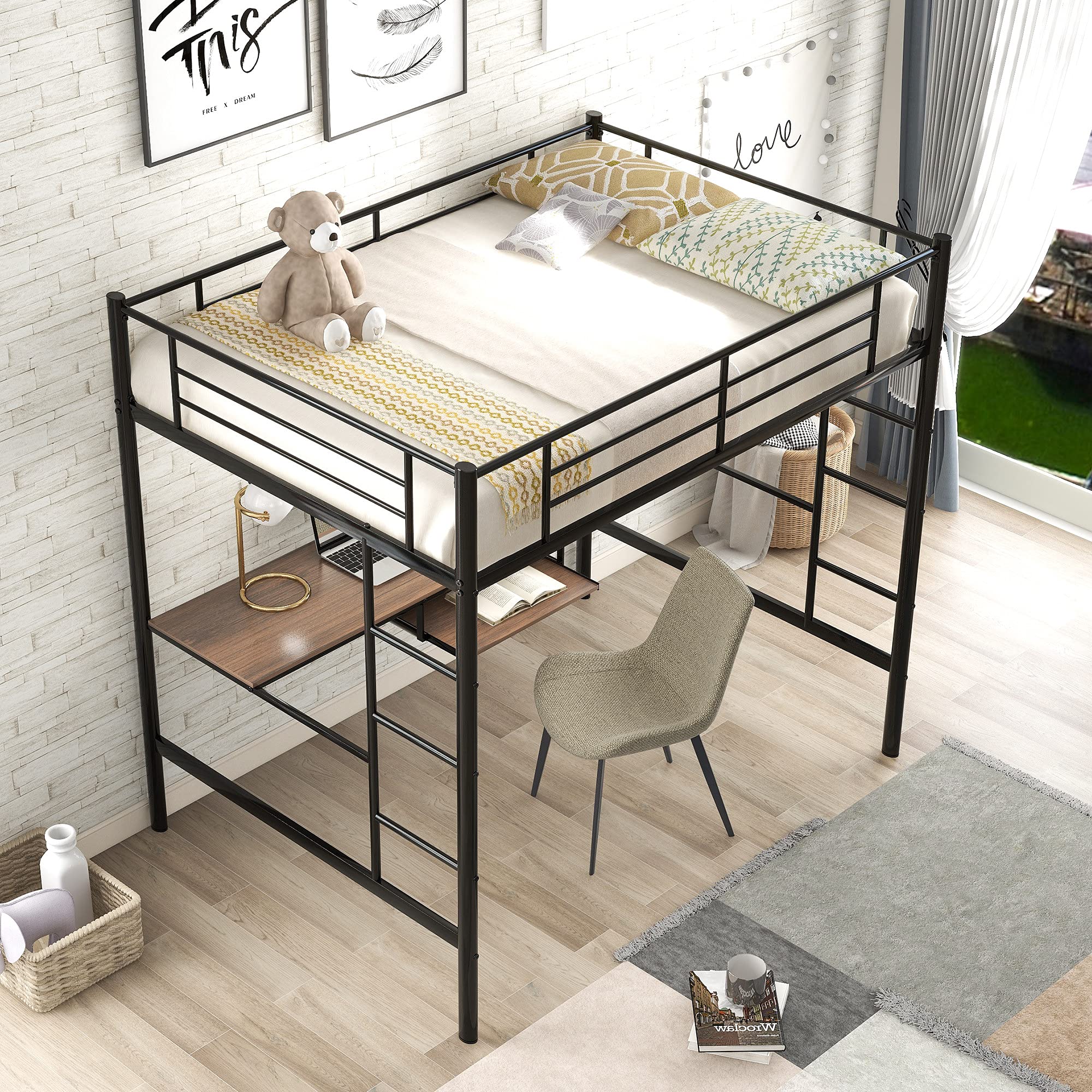 **Full Size Loft Bed with Desk & 2 Shelves - Sturdy Metal Frame, Safety Guardrails & Dual Ladders - Perfect for Kids, Teens & Small Spaces - No Box Spring Needed (Black)**    *(Great for dorm rooms, studio apartments, or kids' bedrooms - Saves space with built-in study desk and storage!)*