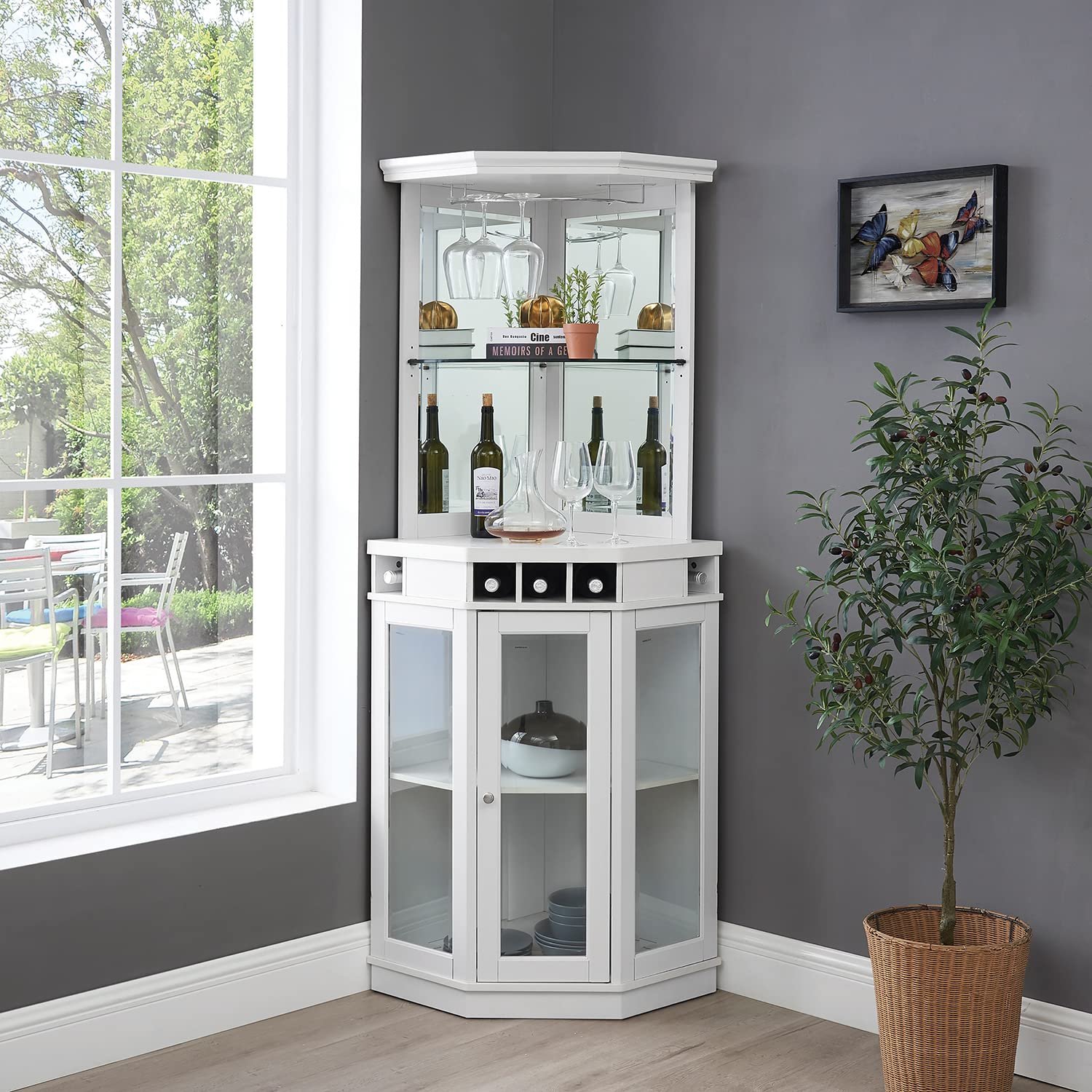 Stylish Wooden Corner Bar Cabinet for Dining Room & Lounge - Wine Rack & Glass Storage | Perfect for Home Entertaining & Small Space Decor