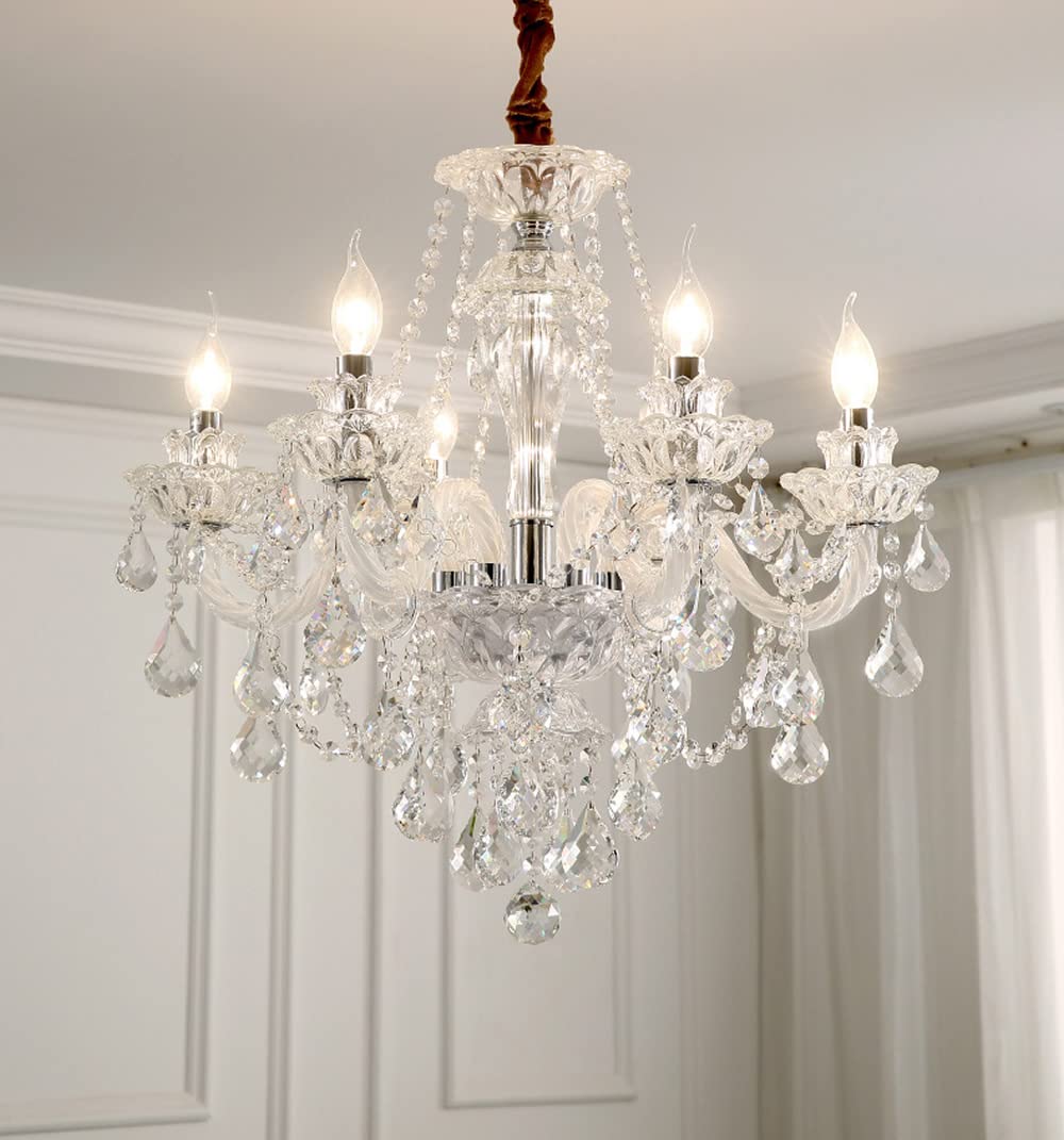 Luxury 6-Light Crystal Chandelier with Clear K9 Crystals - E12 Bulb Ceiling Light Fixture for Dining Room, Living Room & Bedroom Decor | Elegant Home Lighting for Weddings, Parties & Interior Design