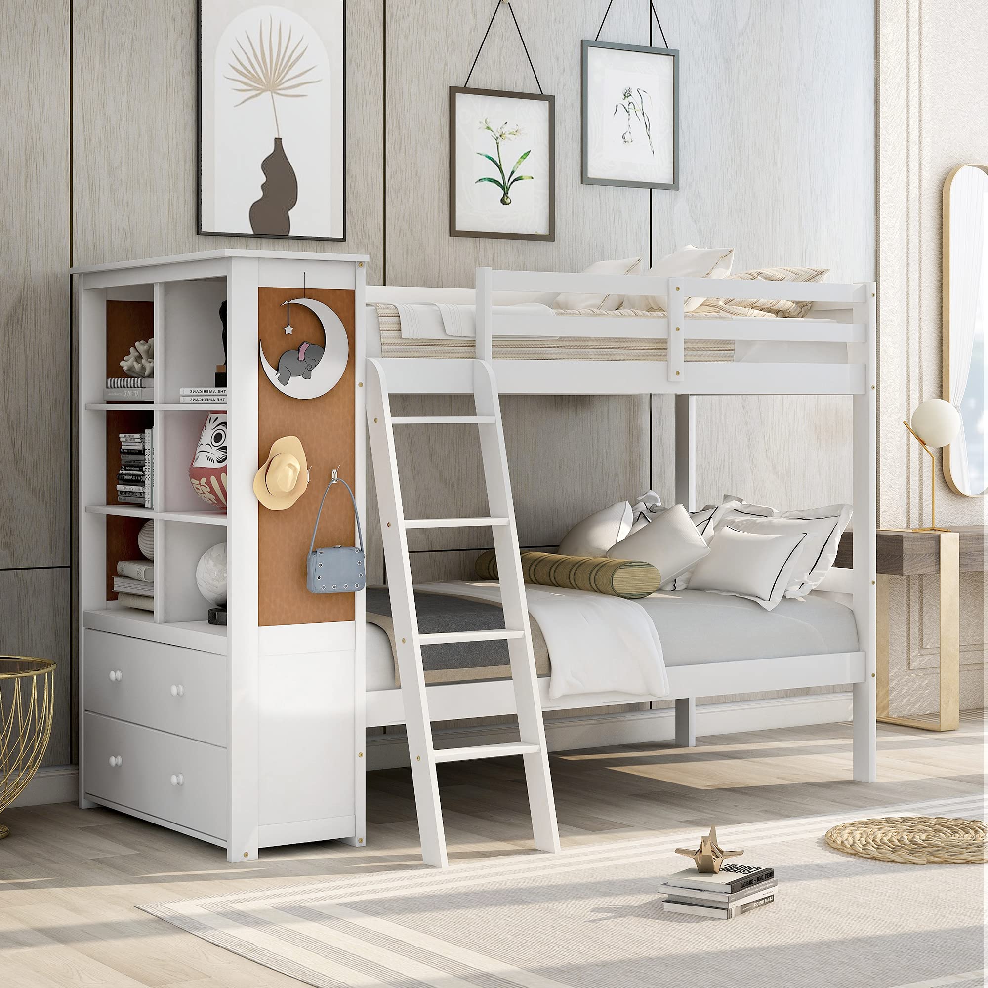 LZ LEISURE ZONE Twin Over Twin Bunk Bed with Bookcase & Storage - Full-Length Guardrails, Ladder, Shelves & Drawers - Space-Saving Kids Bedroom Furniture for Small Rooms & Shared Spaces (White)
