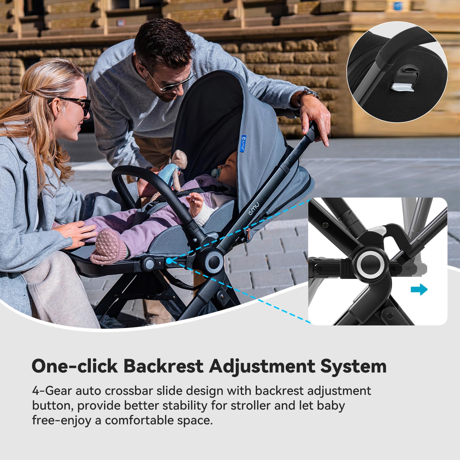 EMU Reversible Baby Stroller - Full-Size Infant Stroller with Reversible Seat & Full Recline | Compact Foldable Pram Carriage for City & Outdoor Use | Perfect for Shopping, Travel & Daily Walks (Black)