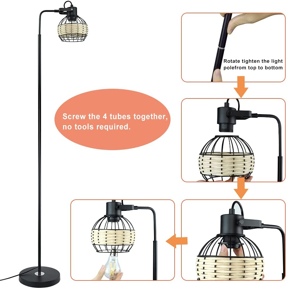 Depuley LED Floor Lamp - Adjustable Head Standing Light with Heavy Metal Base, Farmhouse Tall Rattan Floor Lamp for Reading, Living Room, Bedroom Lighting - Modern Home & Office Decor