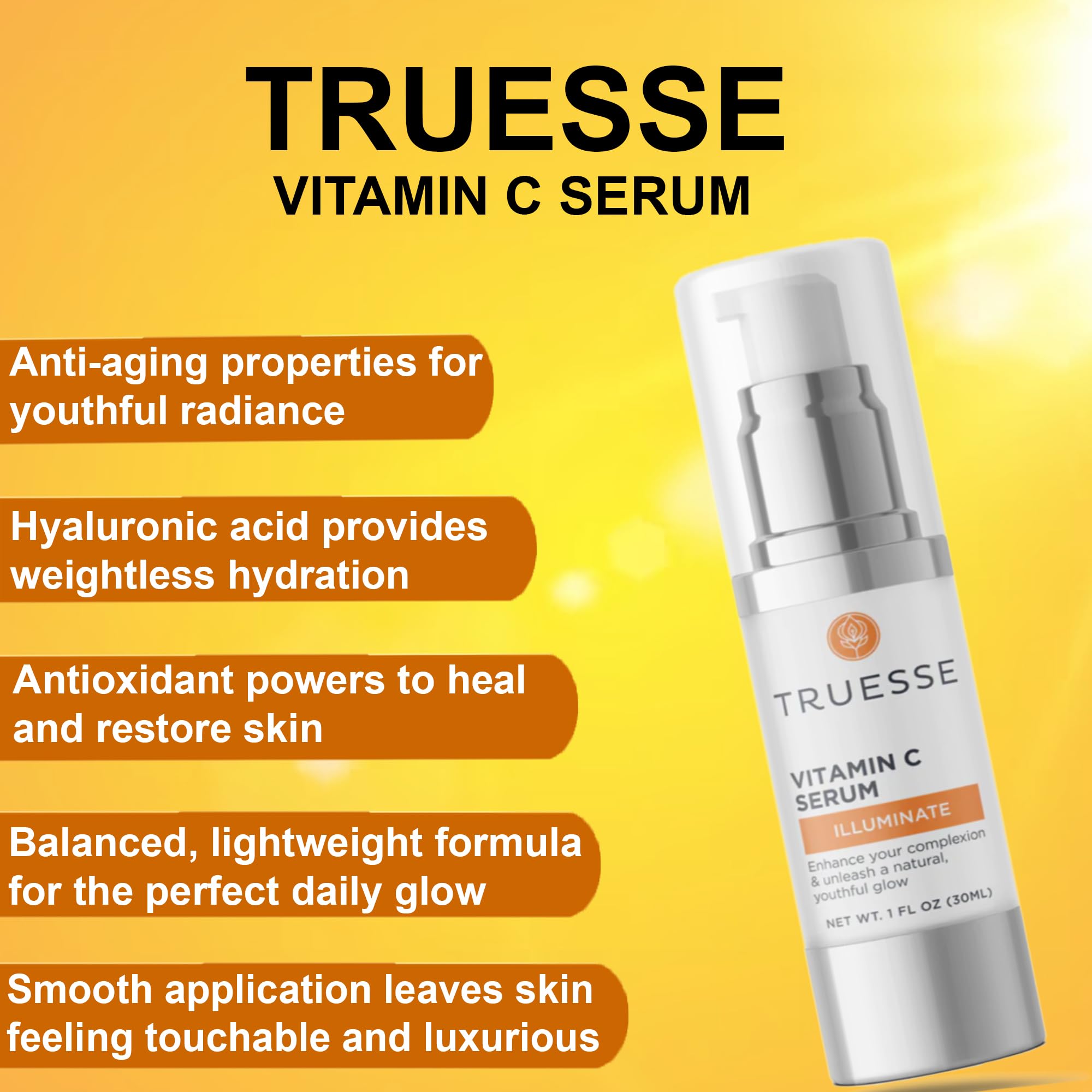 TRUESSE Vitamin C Anti-Aging Serum - Natural Hydrating Facial Serum with Ayurvedic Ingredients for Glowing Skin - 1 fl oz | Perfect for Daily Skincare Routine & Reducing Wrinkles