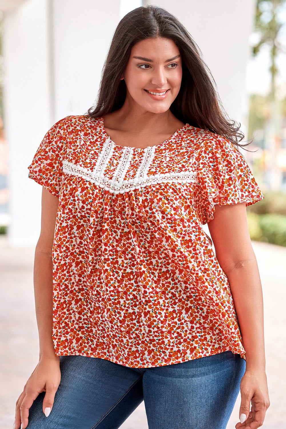 Plus Size Floral Lace Trim Summer Blouse - Women's Flowy Boho Tunic Top for Casual Wear, Beach & Vacation Outfits