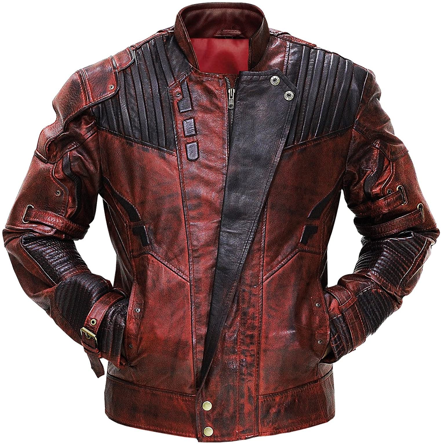 Distressed Red Biker Leather Jacket for Men - Vintage Motorcycle Jacket & Pants Set, Maroon Leather Costume for Cosplay & Halloween - Perfect for Motorcycle Riding, Costume Parties & Themed Events