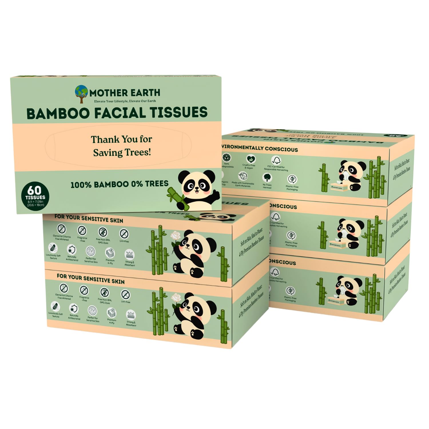 **Eco-Friendly Bamboo Facial Tissues - 4-Ply, Hypoallergenic & Lint-Free, Septic-Safe, Unscented (60 Sheets/Box, 6-Pack, 360 Tissues Total) - Perfect for Home, Office & Travel**