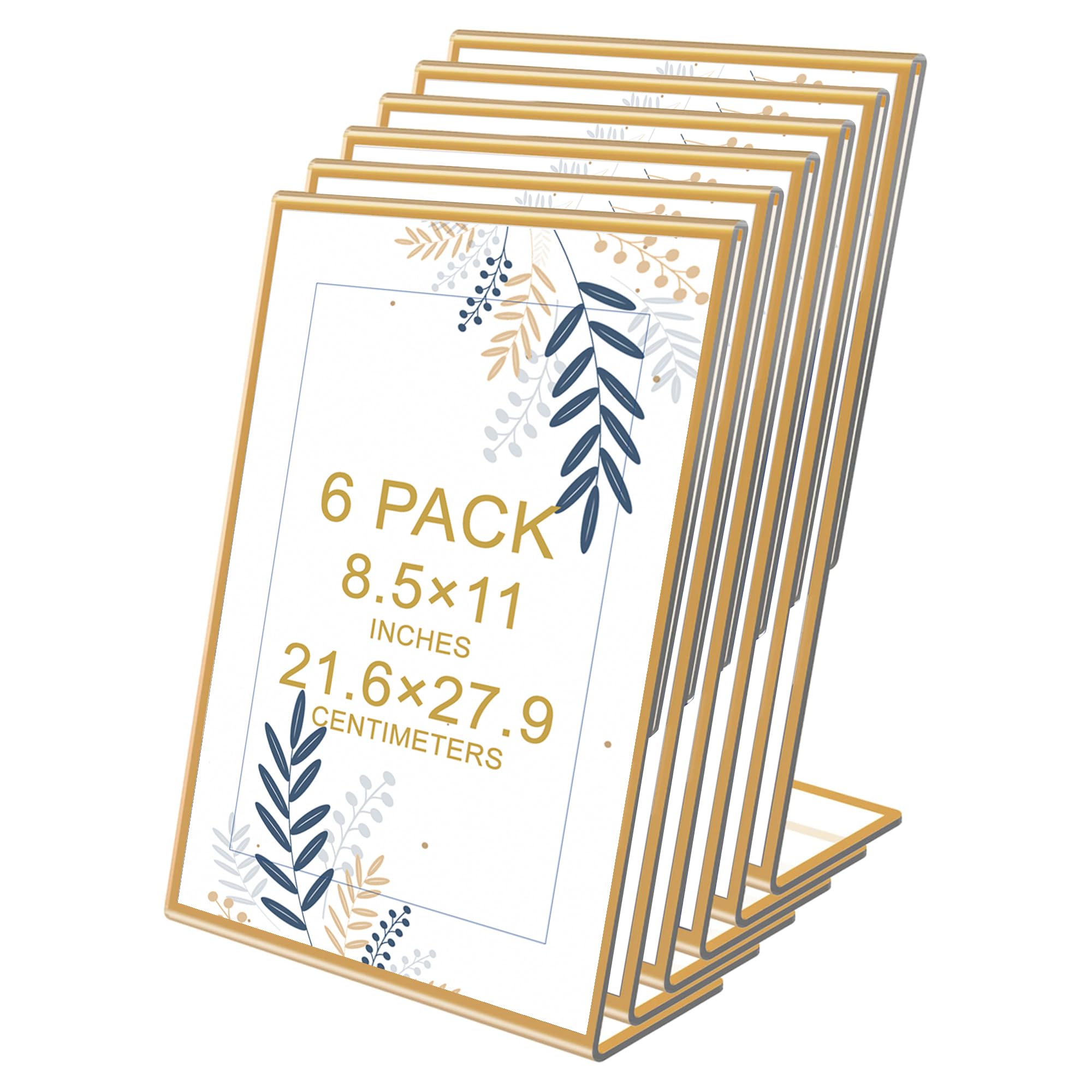 Acrylic Gold Sign Holders - 6 Pack 8.5x11 Inch Vertical Slant Back Flyer Document Brochure Display Stands for Office Desktop, Restaurant Menu, Retail Counter & Event Signage - Plastic Tabletop Paper Holders