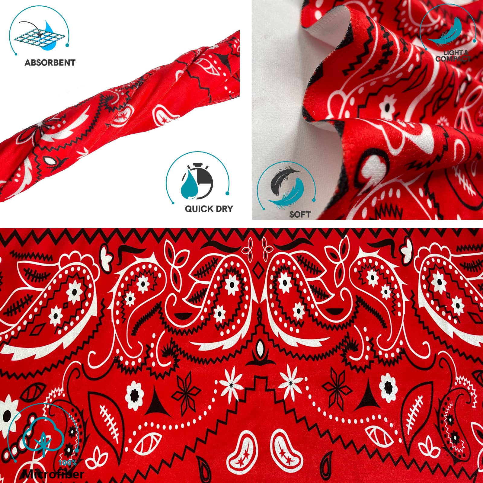 Feelacle Paisley Red Bandana Sand Free Beach Towel - Super Absorbent Large Bath Towel for Swimming, Bathroom, Spa & Pool - Perfect for Beach Outings, Yoga, Picnics and Summer Travel