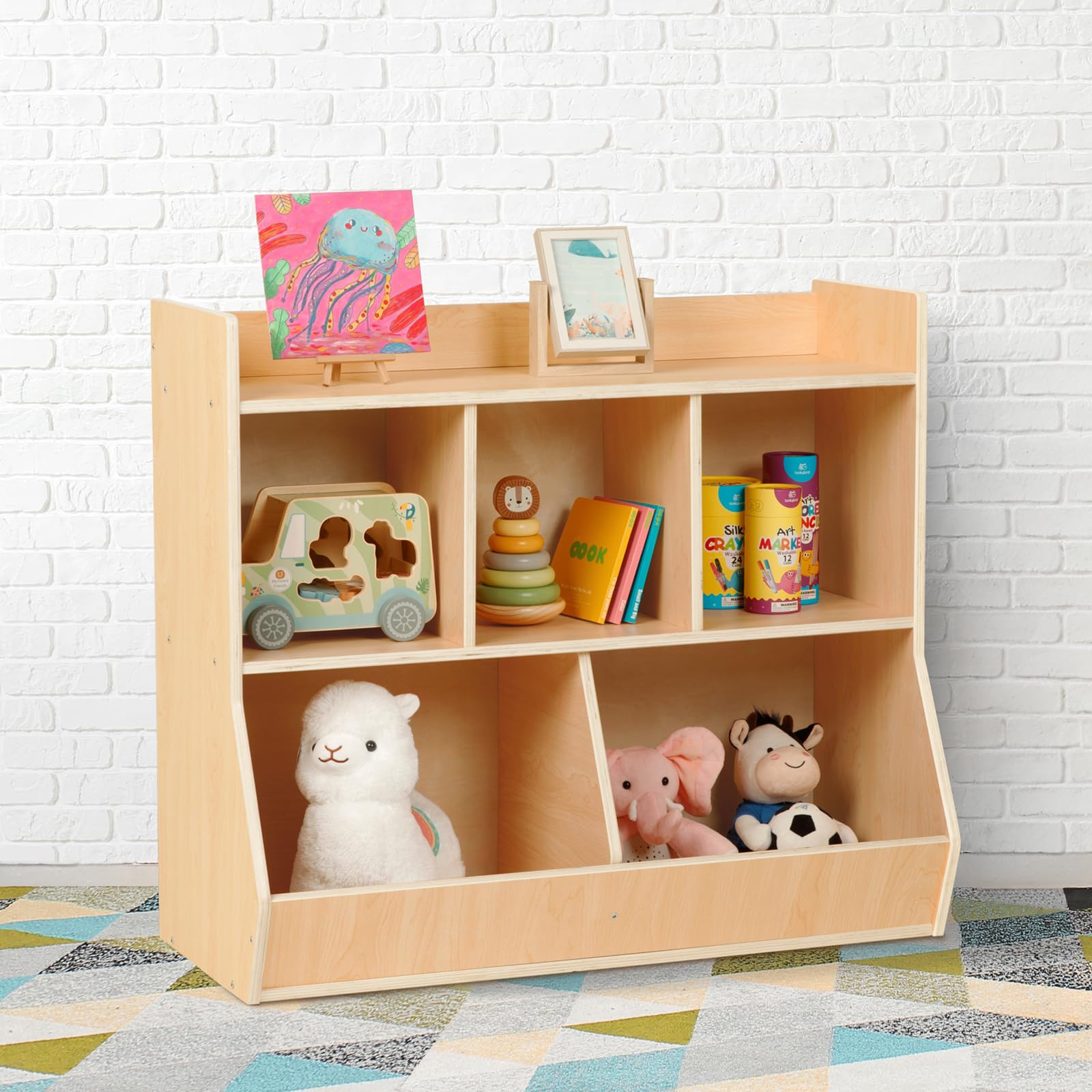 2 in 1 Kids Bookshelf & Montessori Toy Storage Organizer - Sturdy Nursery Bookcase for Children's Bedroom, Playroom, Kindergarten & Classroom - Perfect for Organizing Books, Toys & Learning Materials