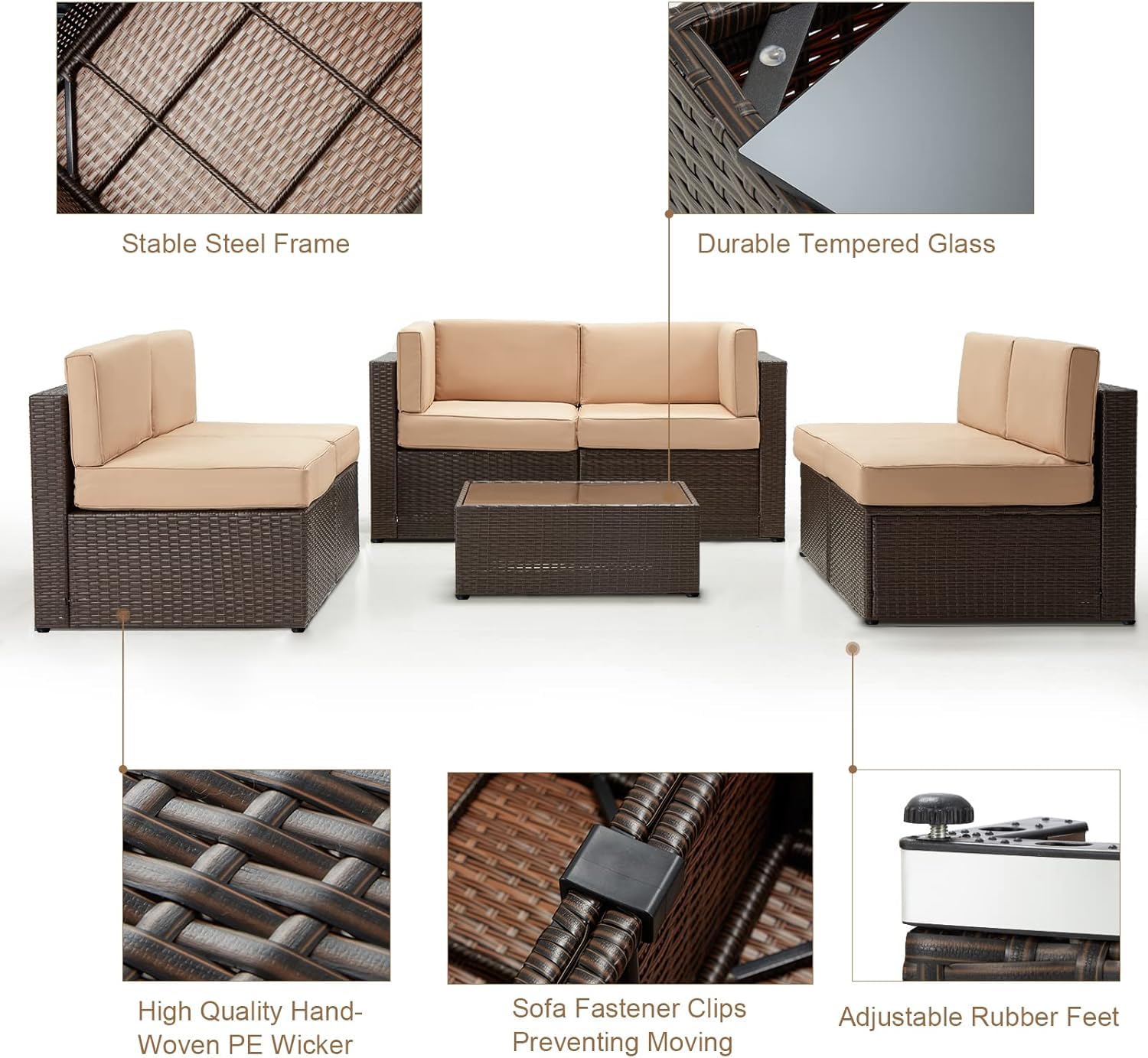U-MAX 7-Piece Outdoor Patio Furniture Set - PE Rattan Wicker Sofa Sectional with Cushions & Coffee Table - Brown - Perfect for Garden, Backyard, Poolside & Balcony Relaxation
