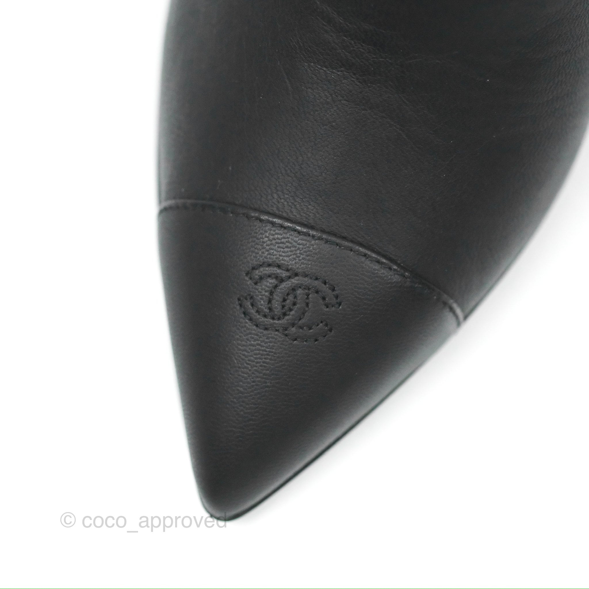 Chanel CC Pointy Toe Chain Wedge Ankle Boots Black Leather Women's Shoes - Perfect for Evening Parties, Date Nights & Fashion Events