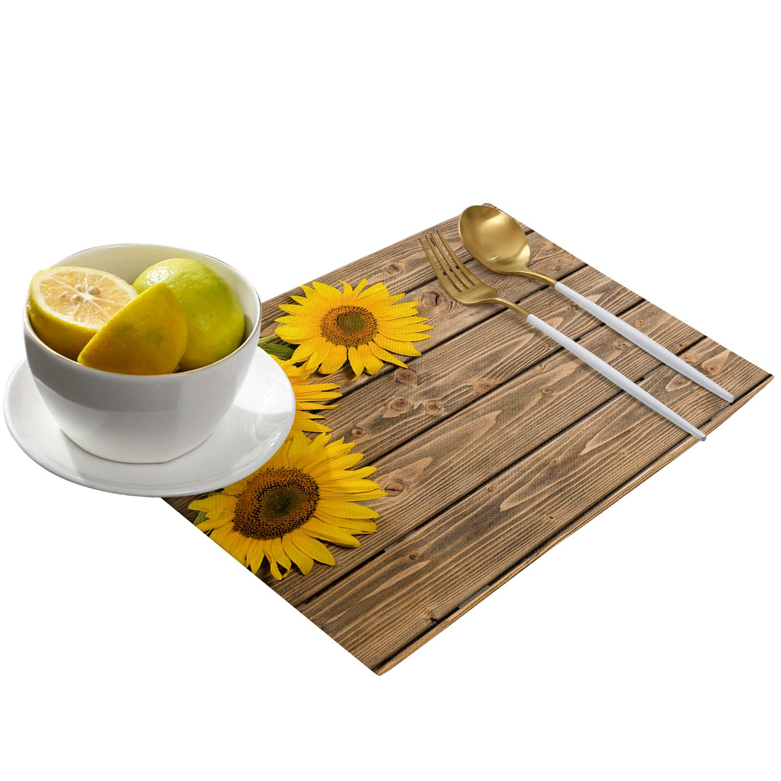 4-Pack Heat-Resistant Sunflower Placemats for Dining Table - 12x18 Inch Linen Table Mats with Wooden Plank Summer Garden Design - Perfect for Home Decor, Kitchen, Picnics & Outdoor Dining