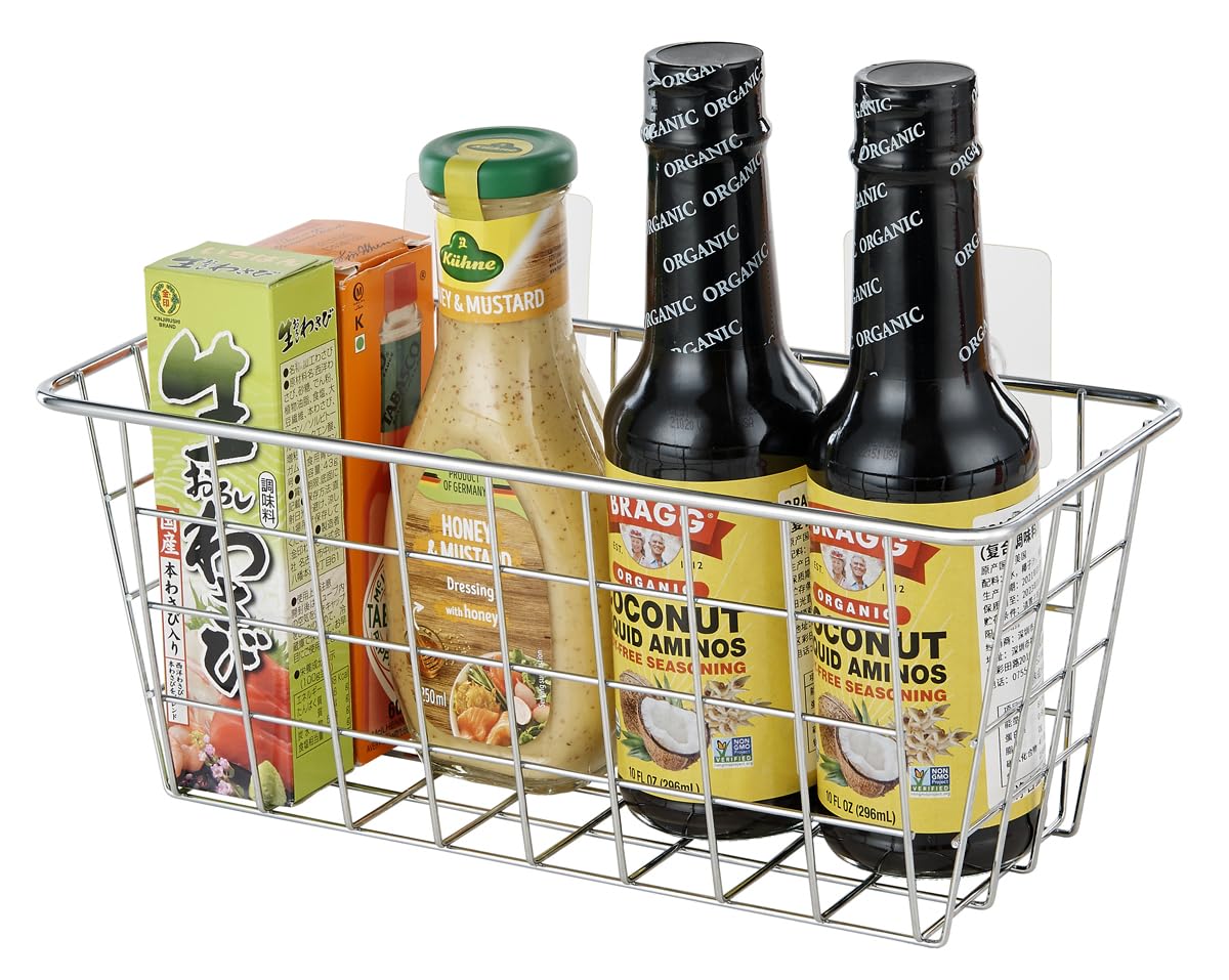2 Pack Hanging Storage Baskets - No Drill Bathroom & Kitchen Organizer with Damage-Free Adhesive Tape - Space Saving Cabinet Storage Solution for Bathroom, Kitchen, Pantry & Closet Organization