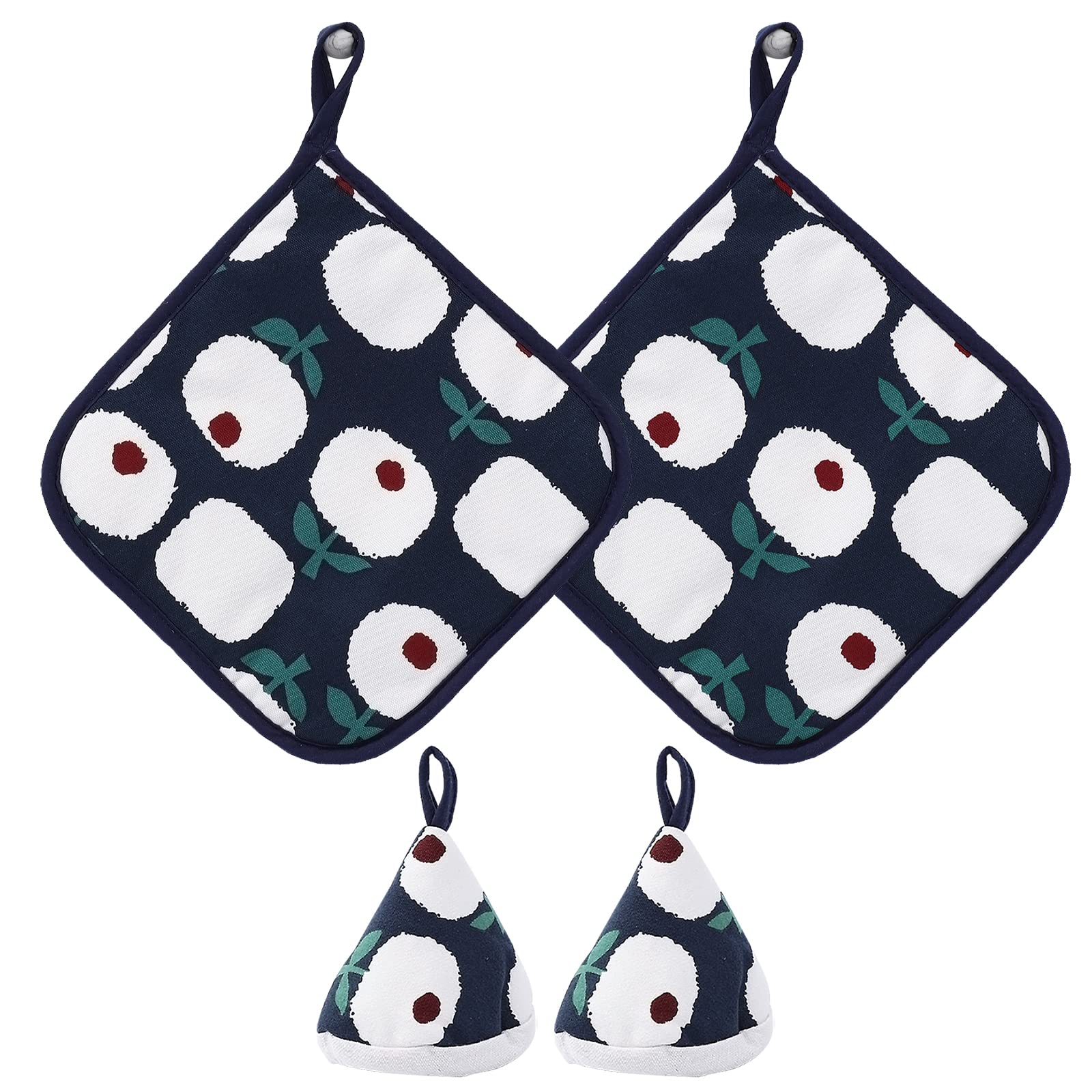 Blue Square Pot Holders Set of 4 - 100% Cotton Heat Resistant Kitchen Potholders with Rustic Floral Design (Navy/White) - Perfect for Cooking, Baking, and Farmhouse Style Kitchen Decor
