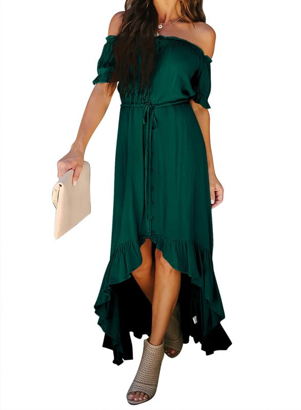 Dokotoo Women's 2025 Off Shoulder Casual Short Sleeve Maxi Dress - High Low Solid Cocktail Skater Dress for Summer Beach Party, Wedding Guest & Date Night