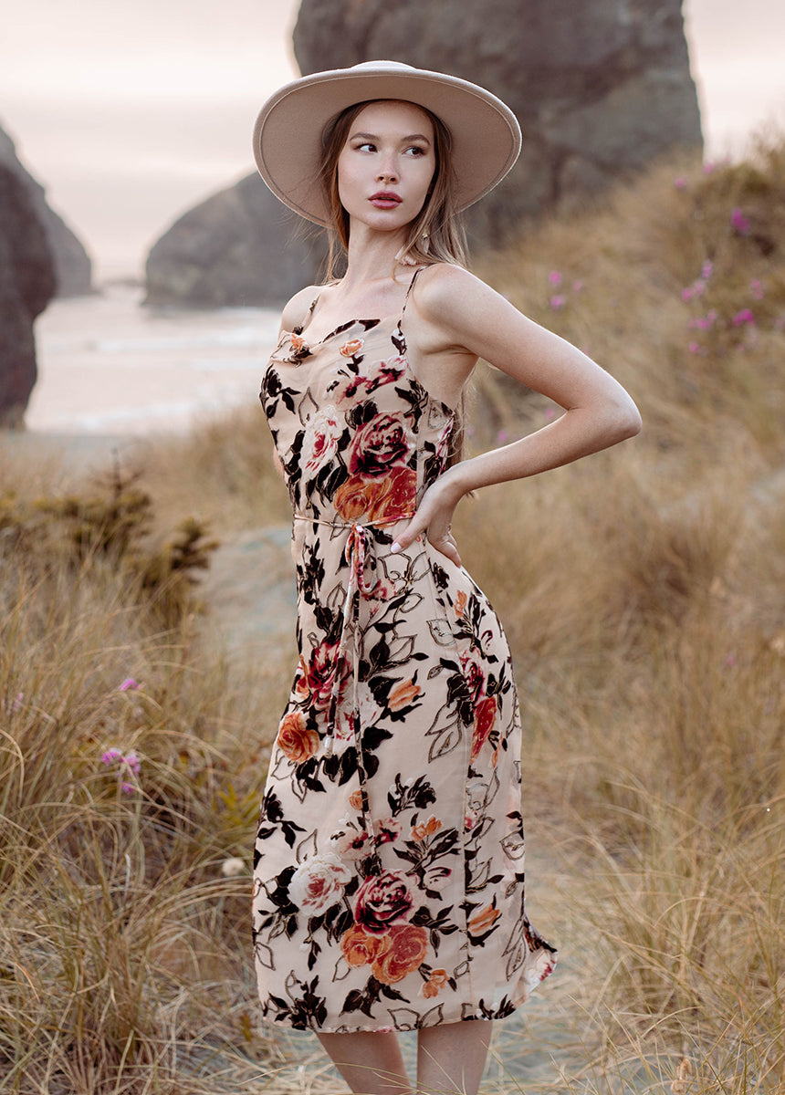 Amanda Cream Flowy Midi Dress for Women - Elegant Casual & Party Wear - Perfect for Weddings, Dates, and Office