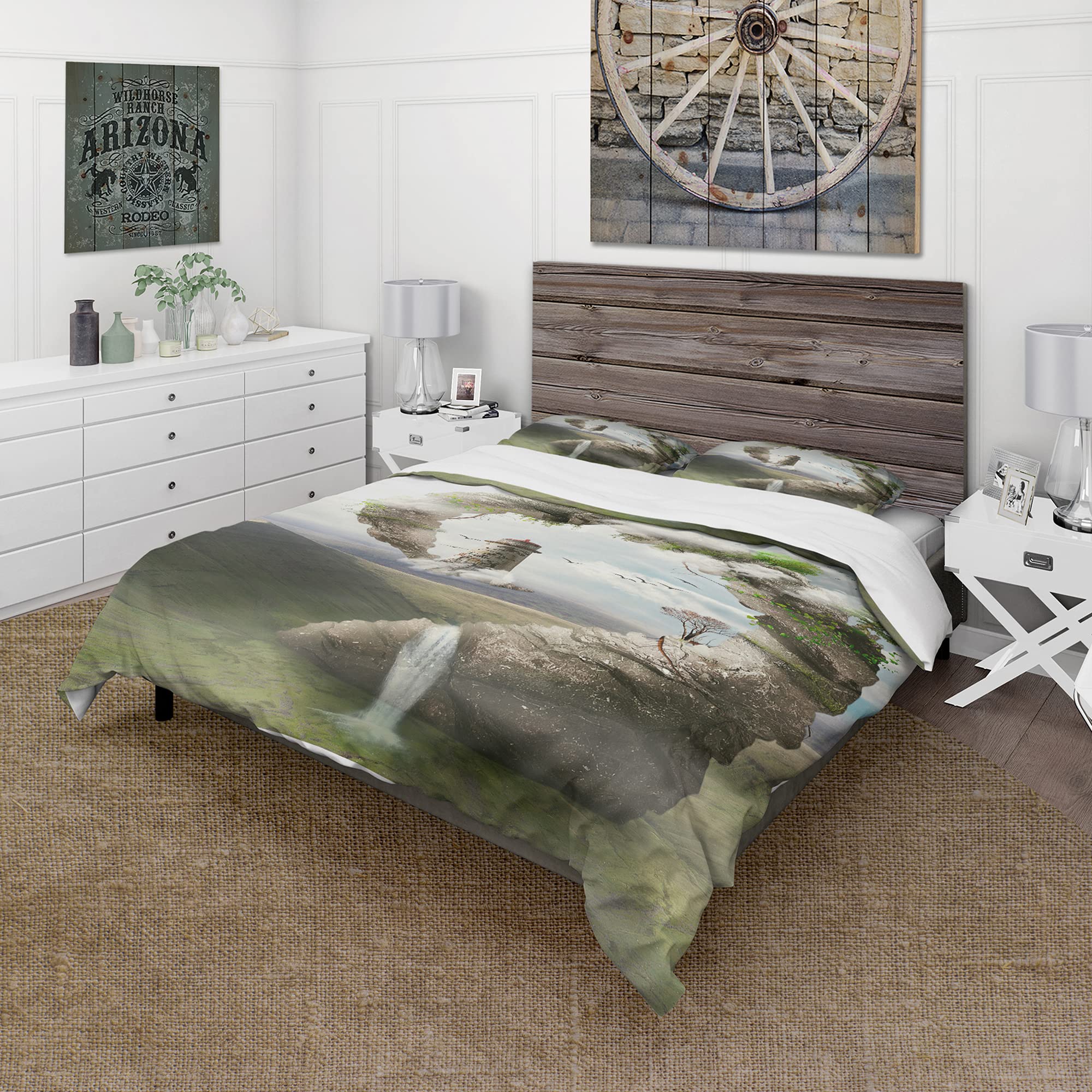 DesignQ Magical Bridge to Lighthouse Country Duvet Cover Set - King Size Green Landscape Bedding, 3-Piece All Season Comforter Set | Perfect for Coastal, Farmhouse & Country Style Bedrooms