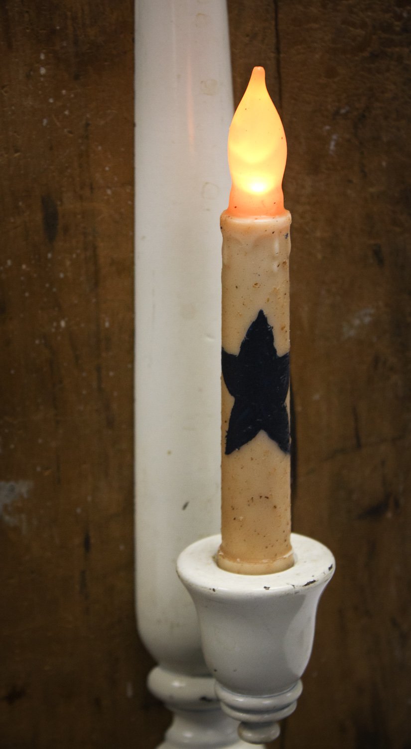 Set of 2 Primitive Battery Operated Wax-Dipped Taper LED Candles with Black Star Design - Perfect for Halloween, Christmas Decor, and Farmhouse Style Home Décor
