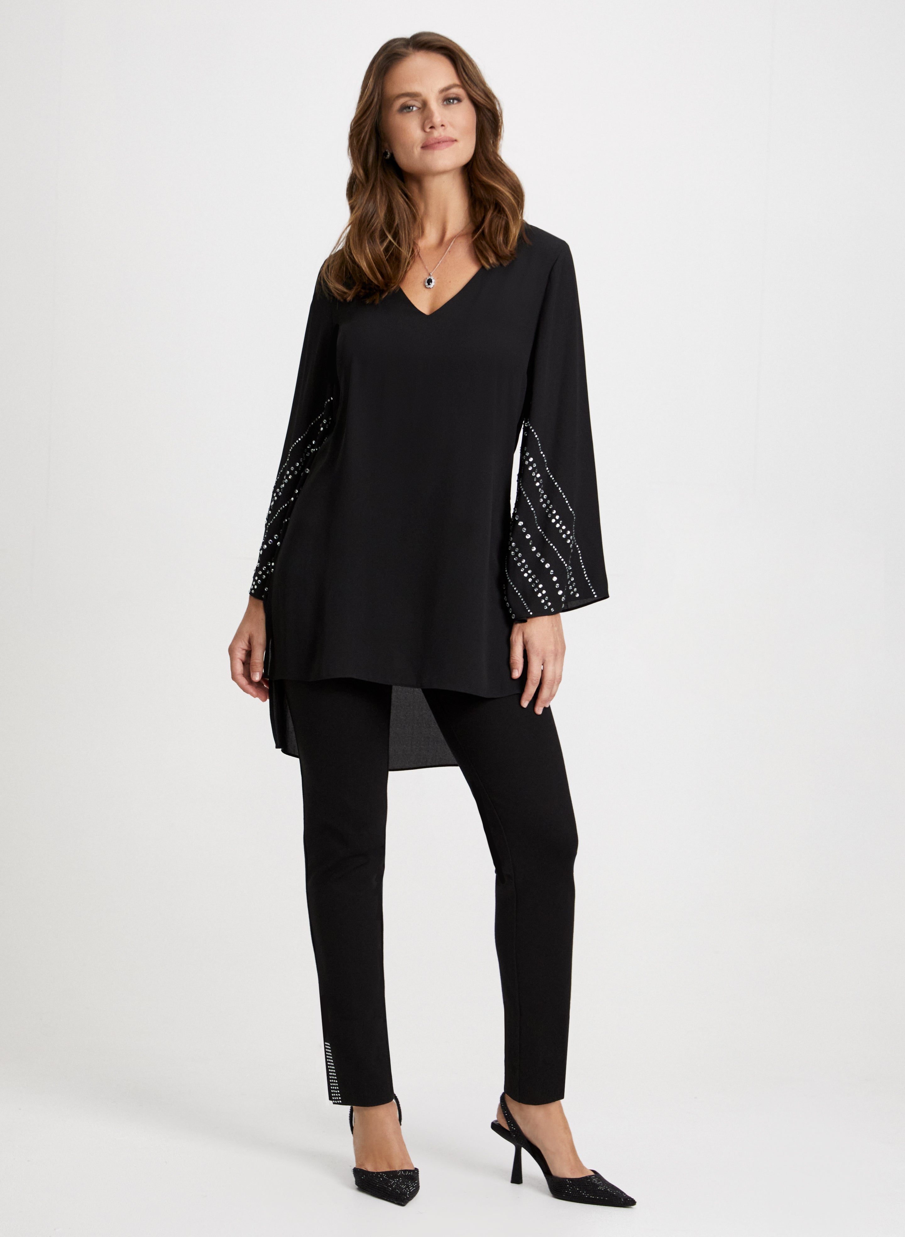 Stylish City Fit Pants with Rhinestone Detail Tunic Set - Women's Fashion Outfit for Work, Party & Casual Wear
