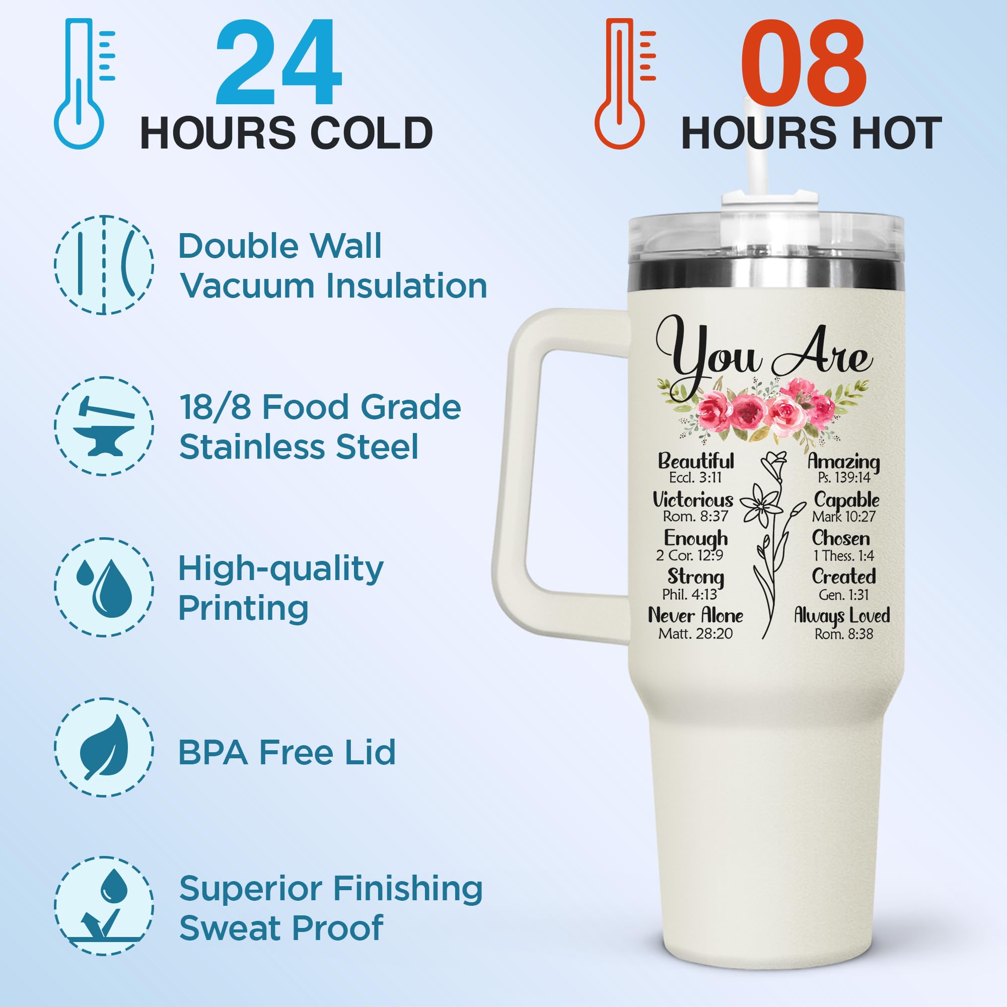 Christian Tumbler 40oz with Handle - Inspirational Gift for Women | Birthday, Friendship & Religious Gifts