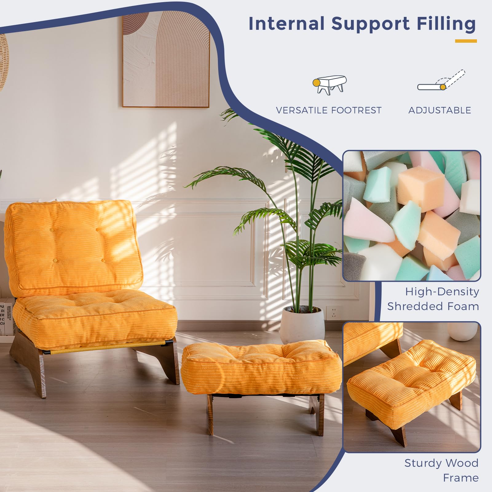 MAXYOYO Adjustable Accent Chair with Ottoman Set - Tufted Lounge Chair for Living Room, Bedroom & Office - Comfortable Modern Recliner in Orange - Perfect for Relaxing, Reading & Entertaining Guests