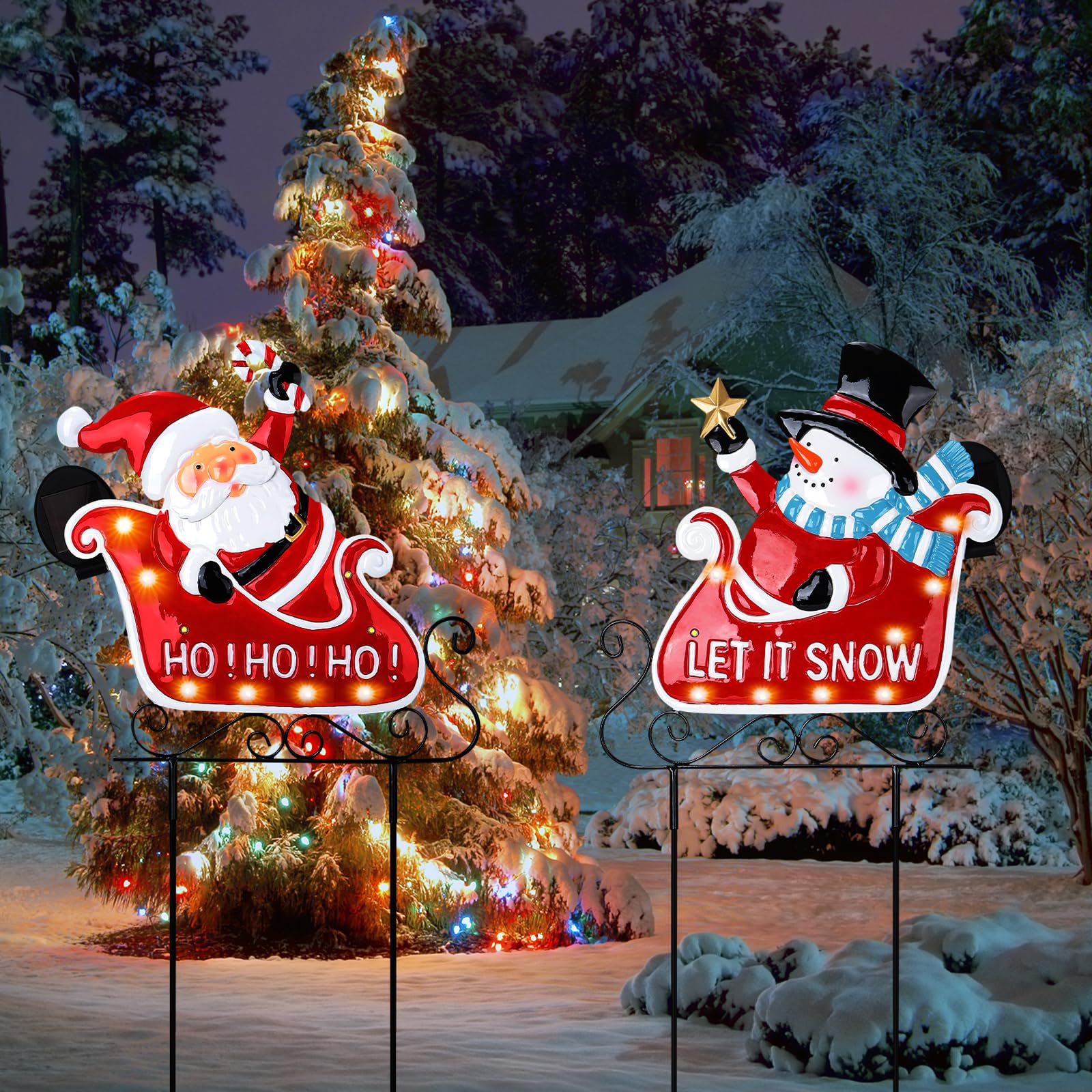 2 Pack Solar LED Christmas Yard Decorations - Santa Claus & Snowman Sleigh Metal Stakes for Outdoor Garden, Lawn, Pathway | Perfect for Holiday Displays, Winter Parties & Festive Home Decor