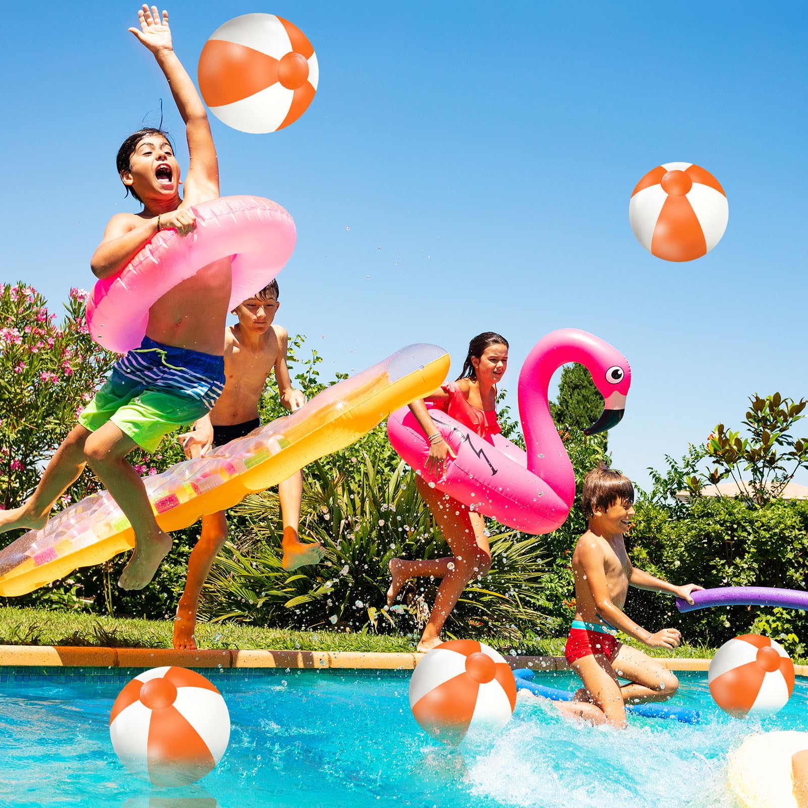 Whaline 16Pcs 16-Inch Orange & White Inflatable Beach Balls - PVC Pool Toys for Summer, Hawaiian Tropical Theme Party Decor, Water & Sand Games - Perfect for Beach Parties, Pool Fun, and Outdoor Activities