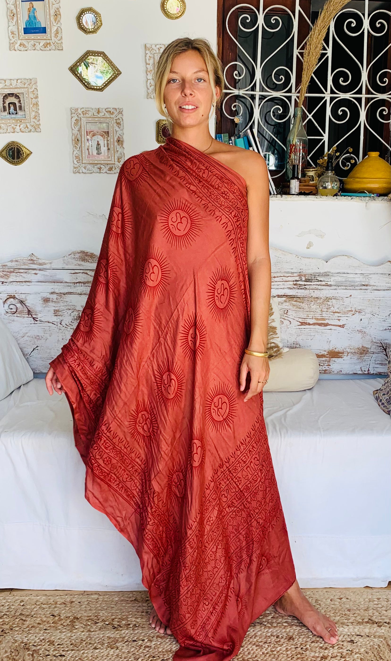 Large Om Print Sarong Pareo Shawl - Red Boho Beach Cover-Up for Ibiza, Pool, and Vacation