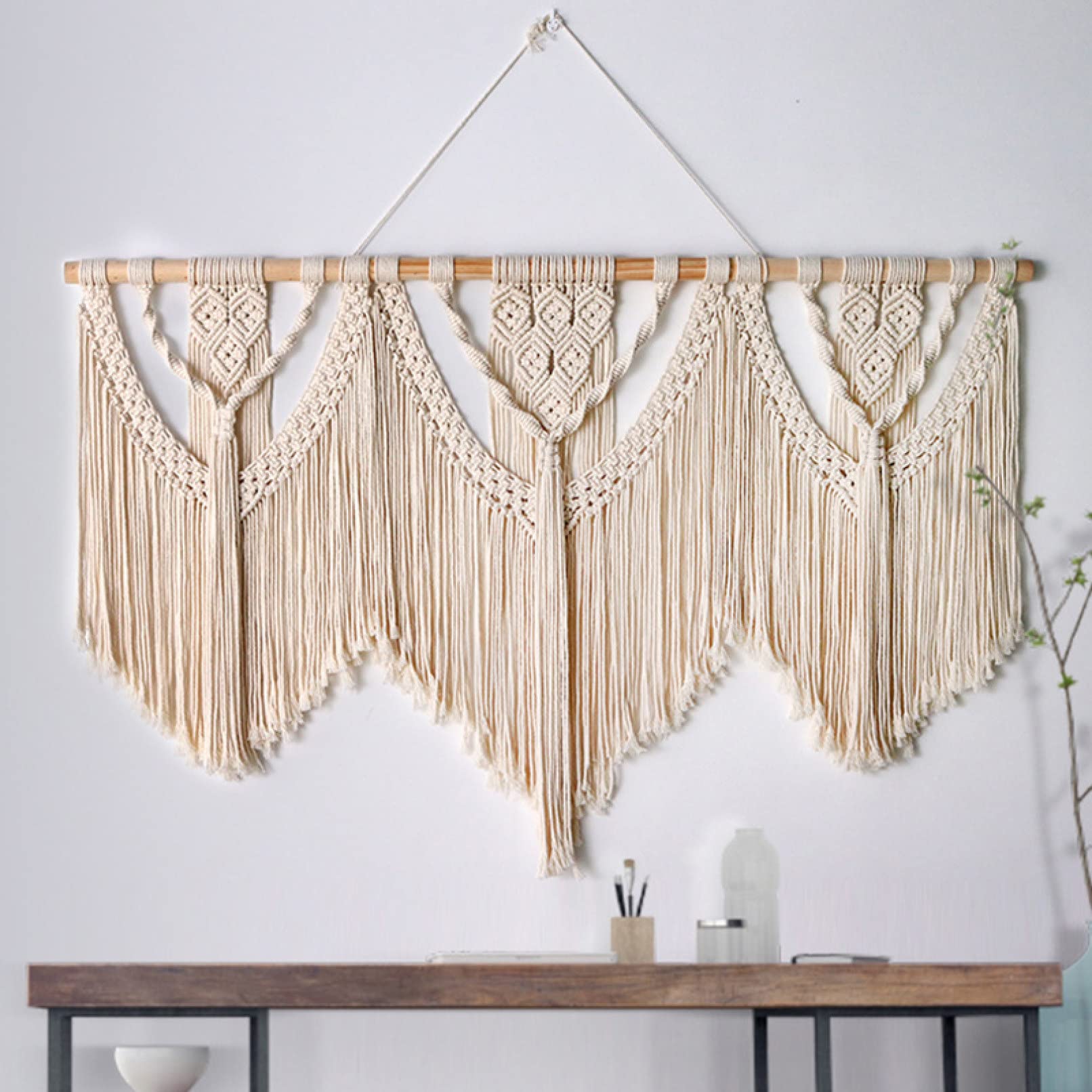 FONSMAY Large Macrame Wall Hanging with Wooden Stick - Handwoven Boho Tapestry with Tassels for Wedding Backdrop, Living Room Decor & Bedroom Wall Art